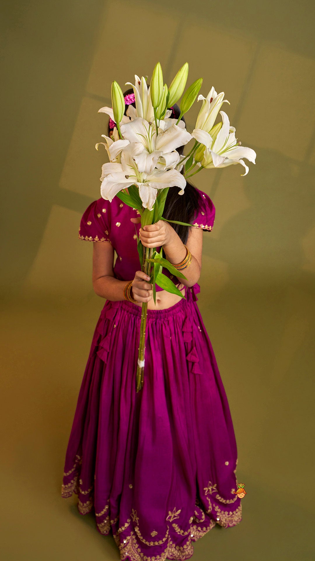 Purple Embroidered Front Overlap Top With Lehenga And Dupatta