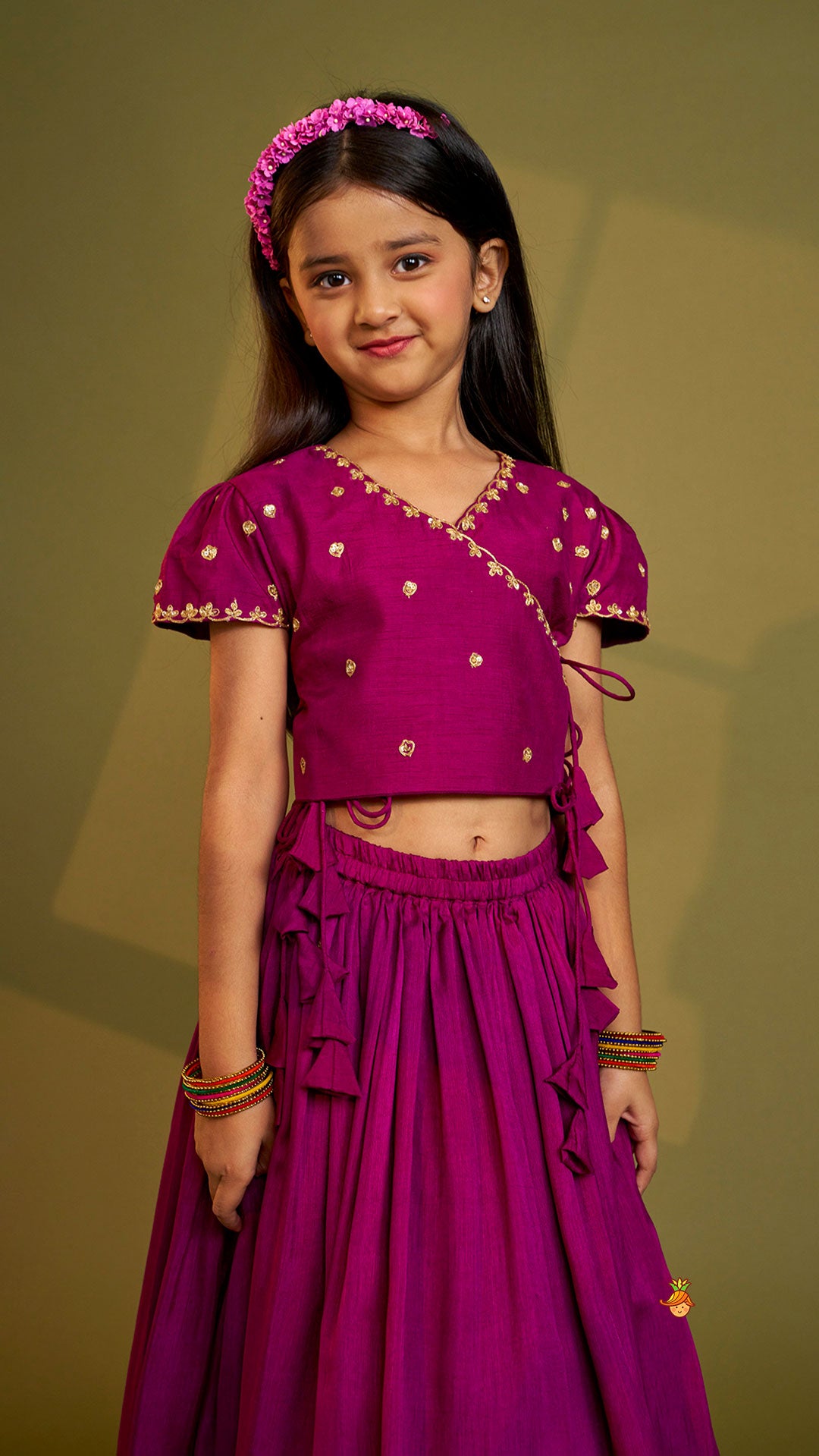 Purple Embroidered Front Overlap Top With Lehenga And Dupatta