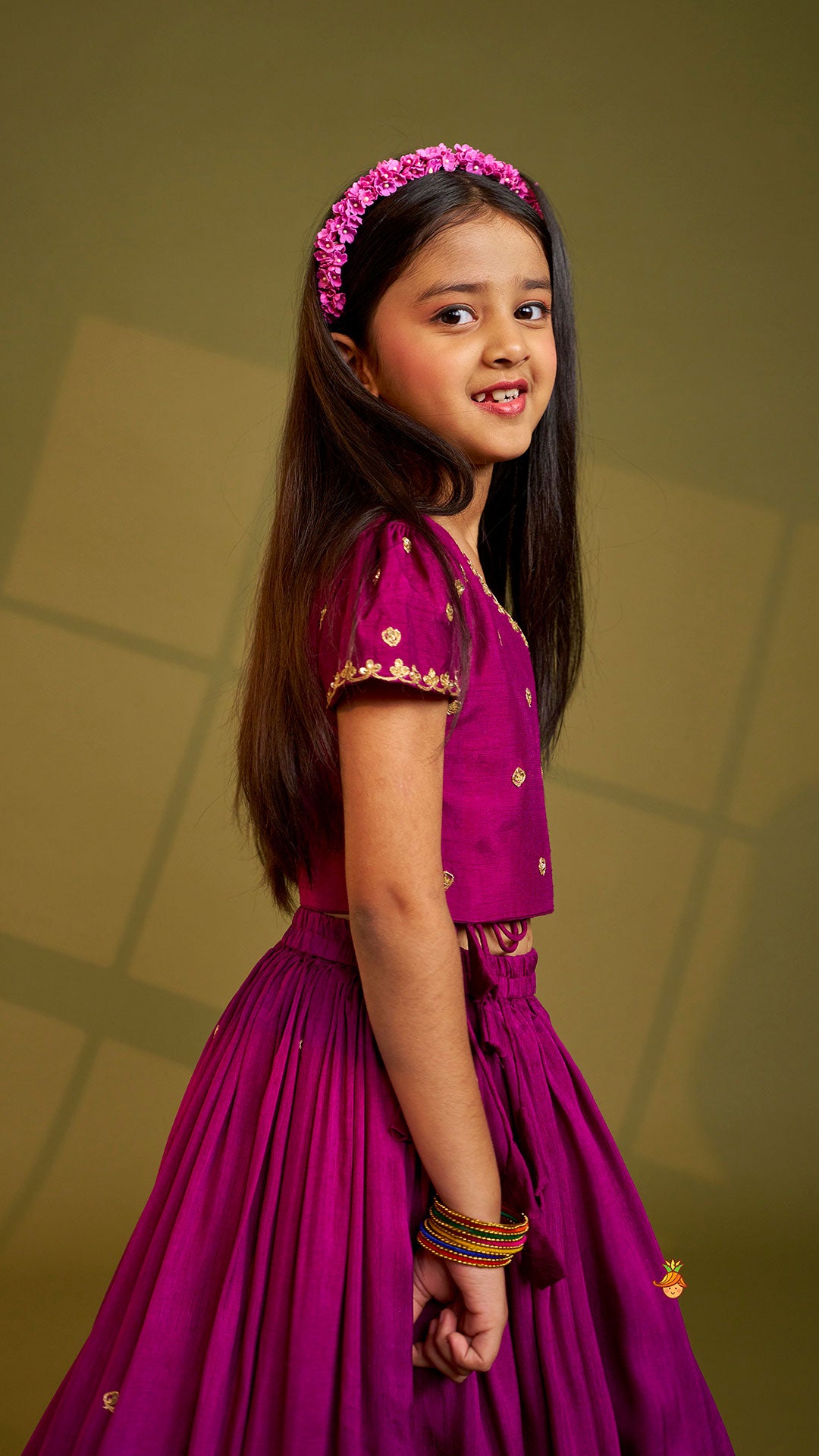 Purple Embroidered Front Overlap Top With Lehenga And Dupatta