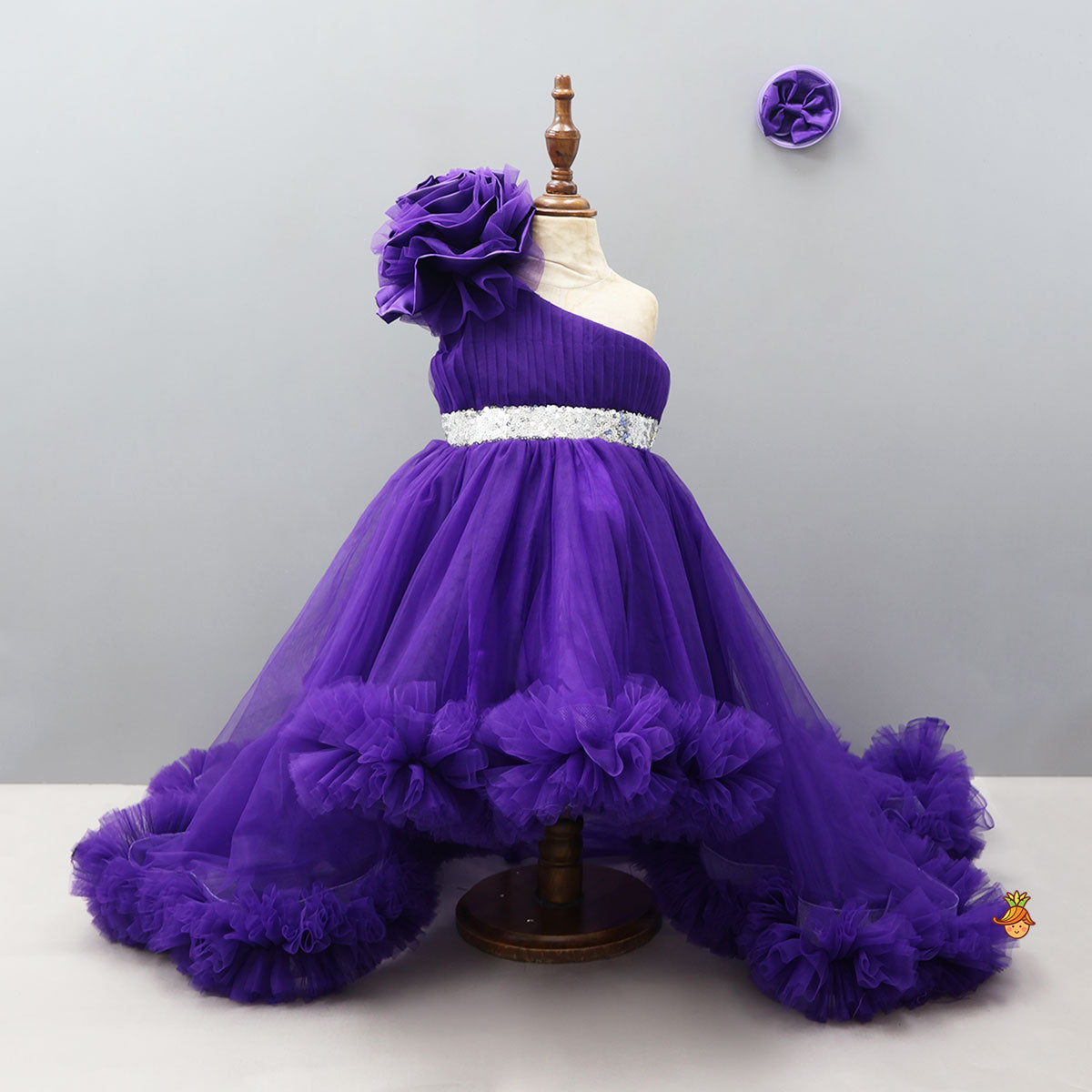 Purple One Shoulder High Low Dress with Matching Hair Clip and Detachable Bow for 7 - 8 Years - Dresses