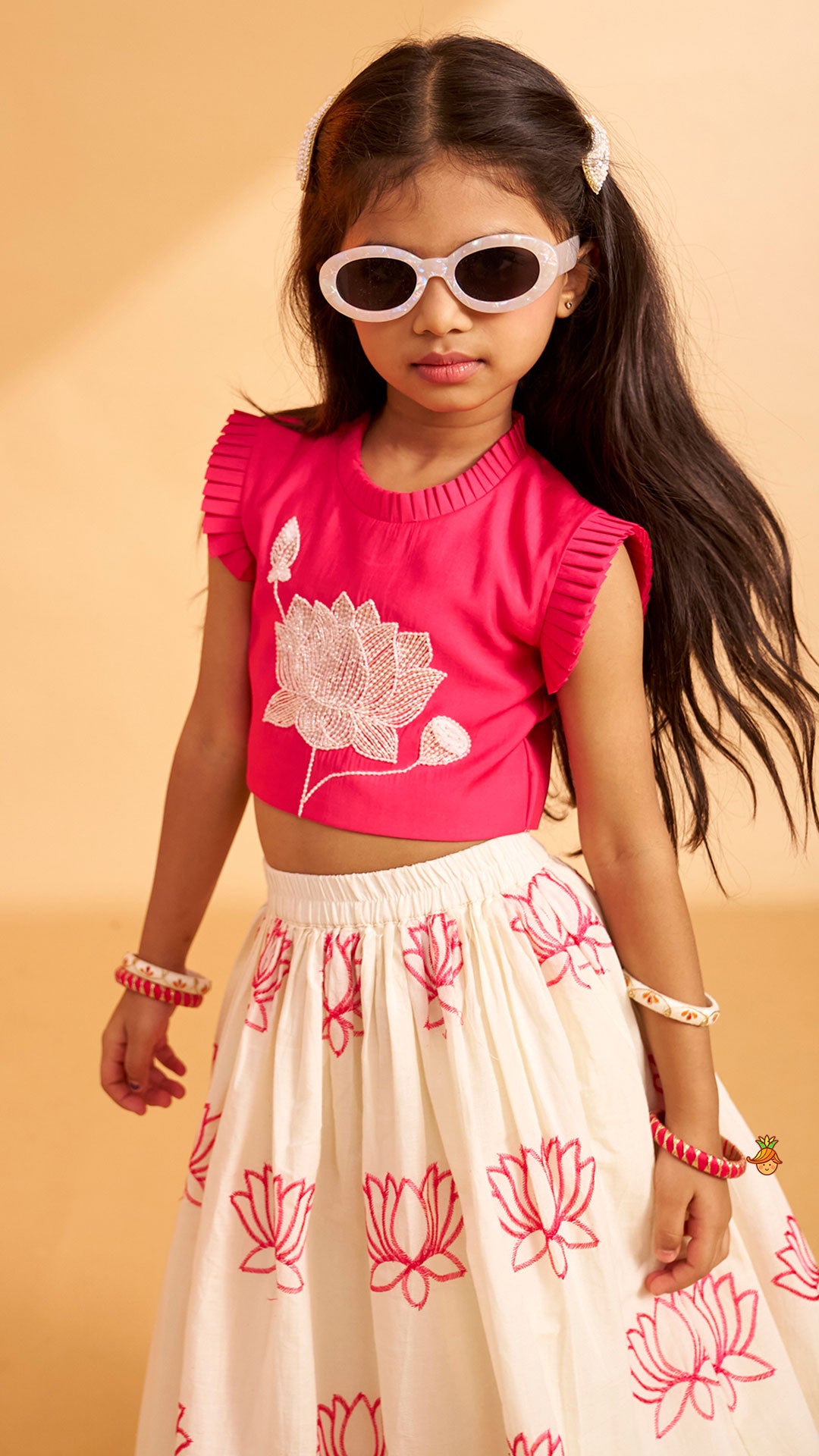 Lotus Embroidered Pink Top With Lehenga