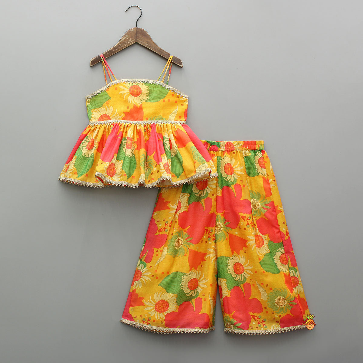 Multicolour Floral Printed Strappy Top And Palazzo With Dupatta
