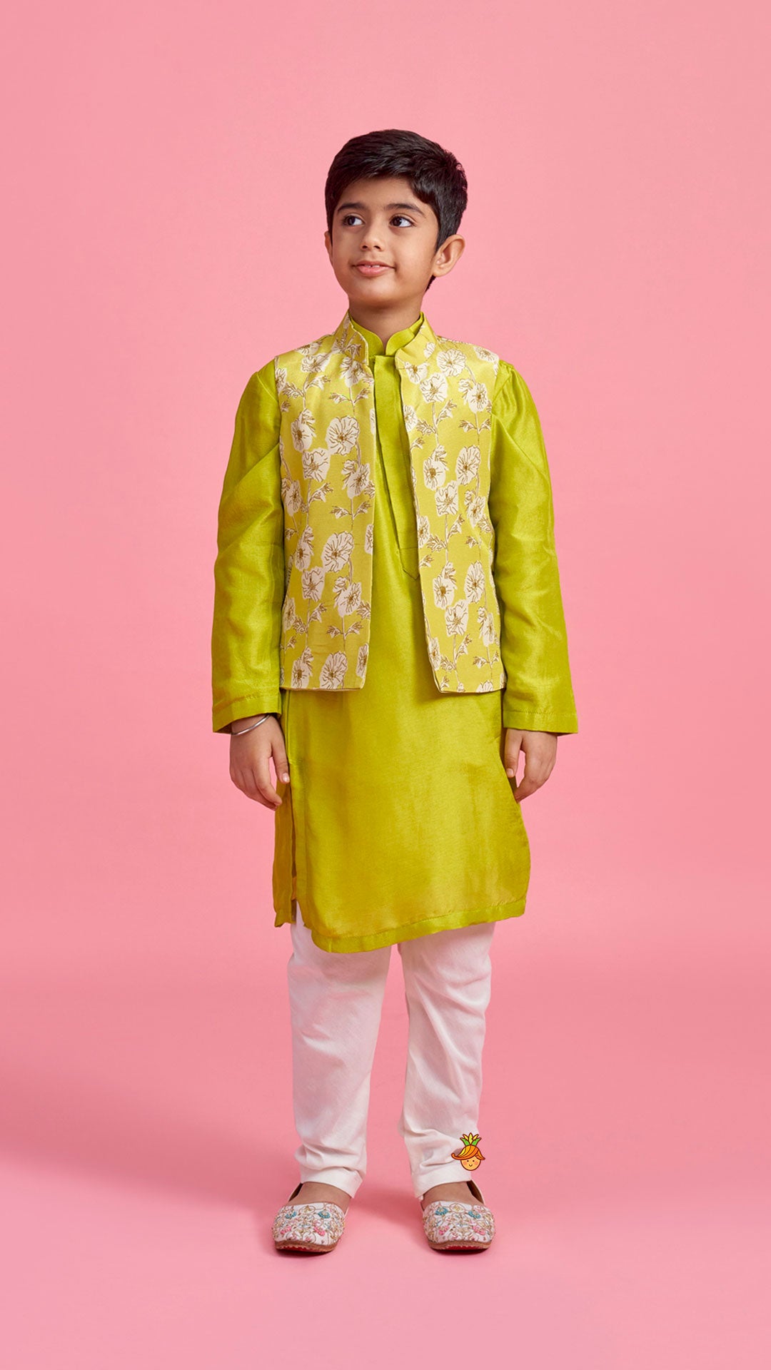 Green Kurta And Floral Printed Jacket With Churidar