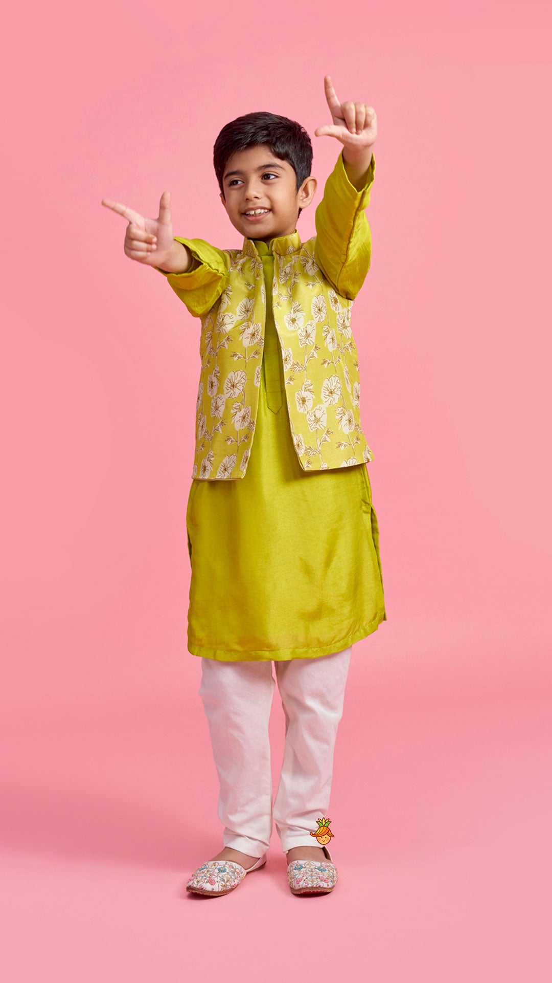 Green Kurta And Floral Printed Jacket With Churidar