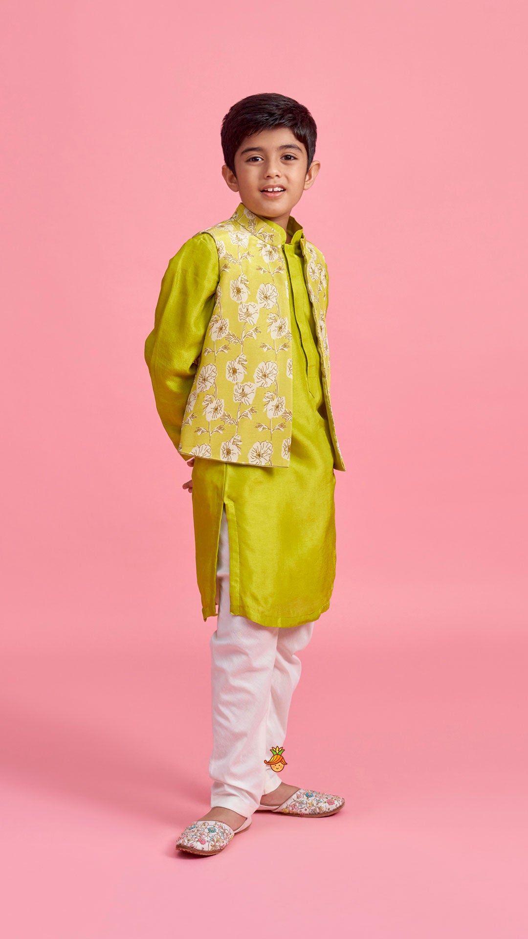 Green Kurta And Floral Printed Jacket With Churidar