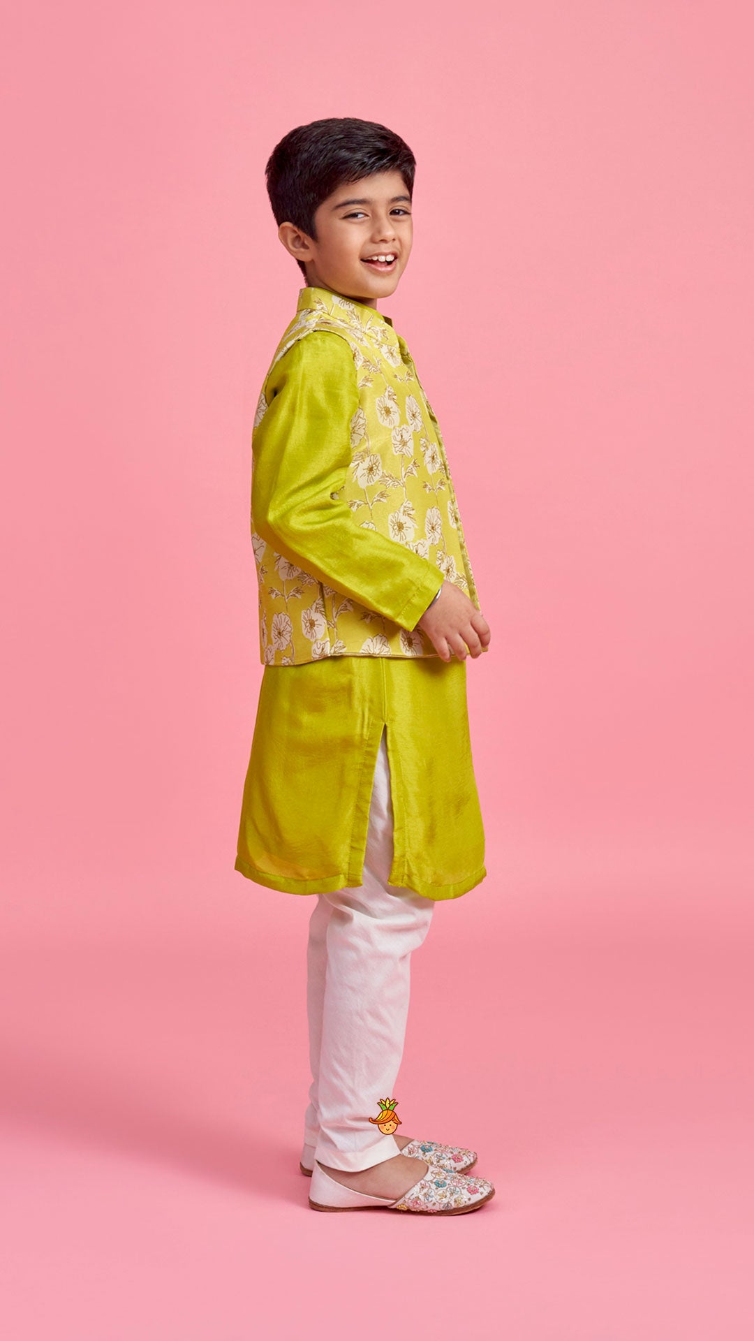 Green Kurta And Floral Printed Jacket With Churidar