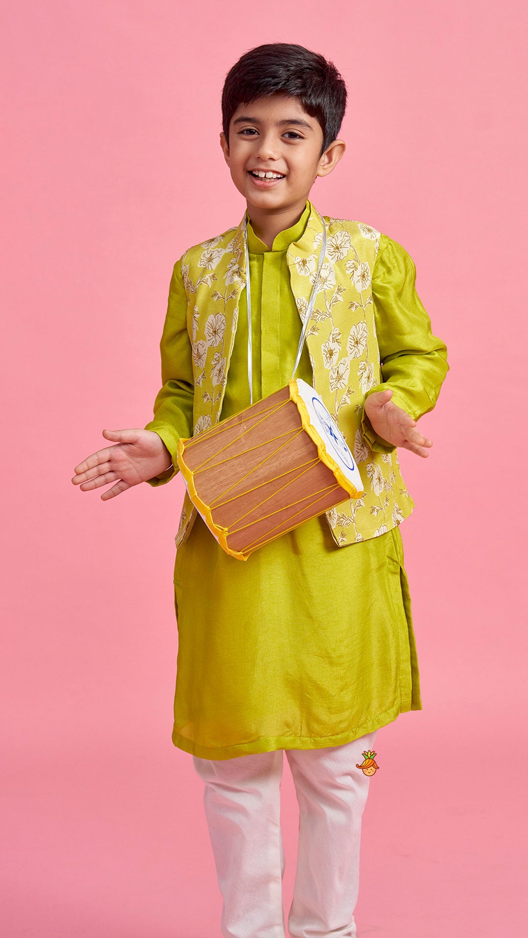 Green Kurta And Floral Printed Jacket With Churidar