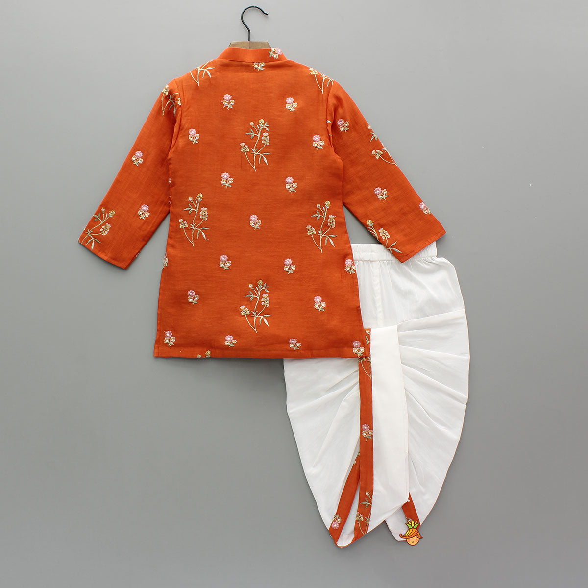Floral Embroidered Orange Kurta And Dhoti