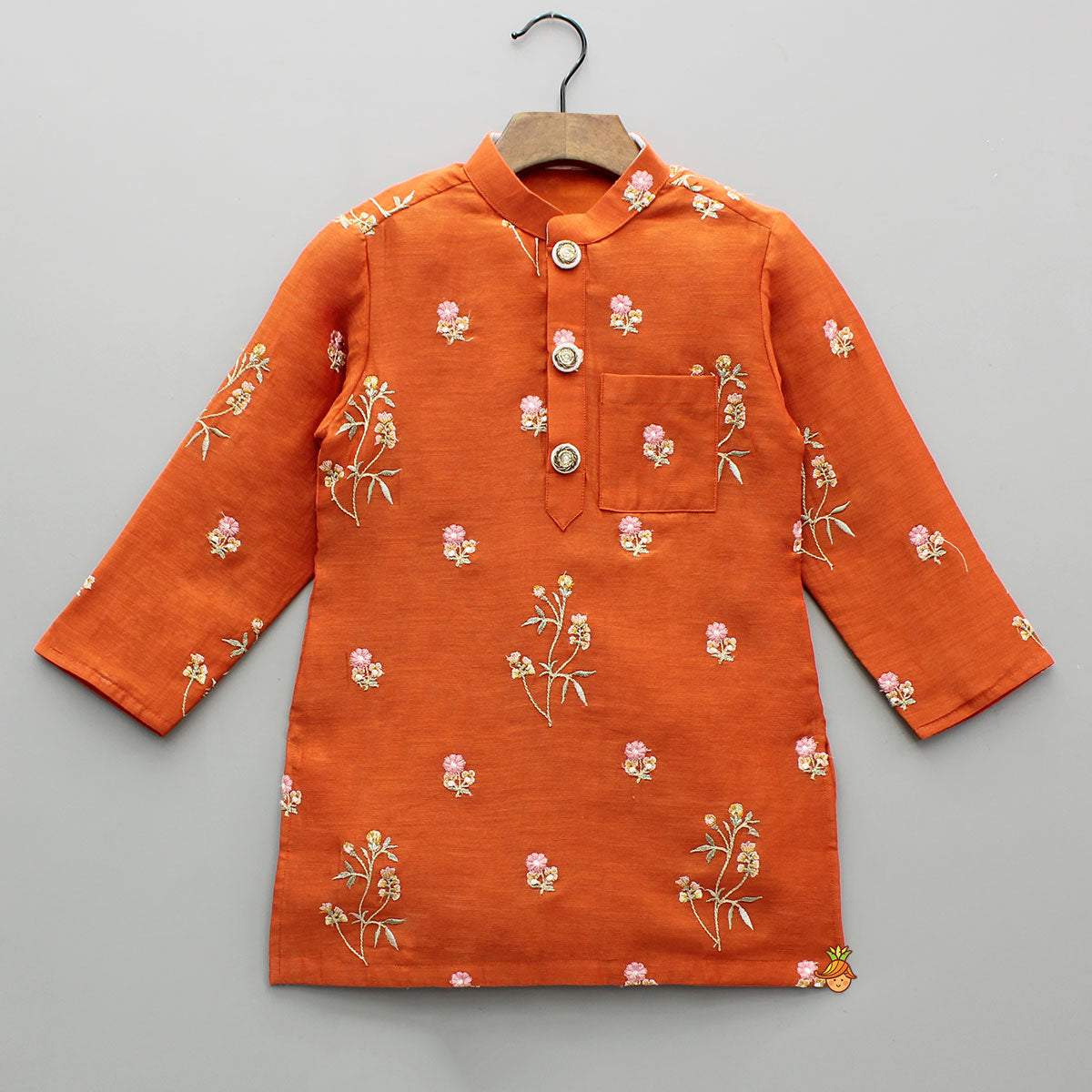 Floral Embroidered Orange Kurta And Dhoti
