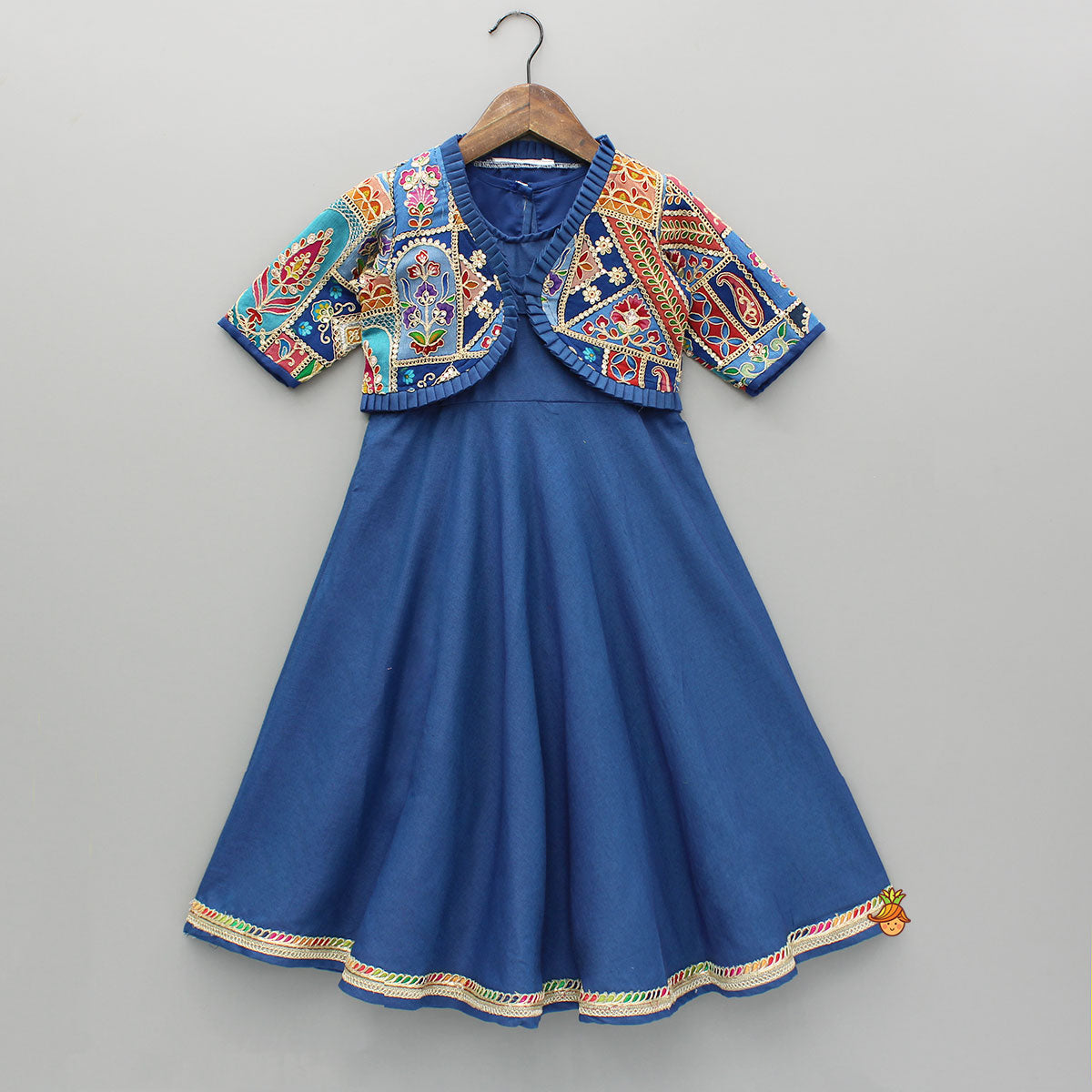 Blue Flared Kurti With Multicoloured Embroidered Jacket