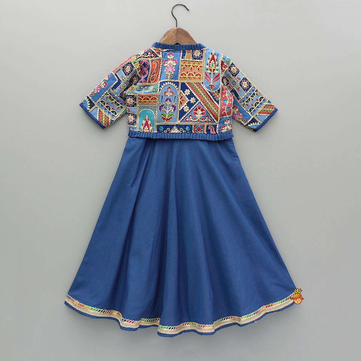Blue Flared Kurti With Multicoloured Embroidered Jacket