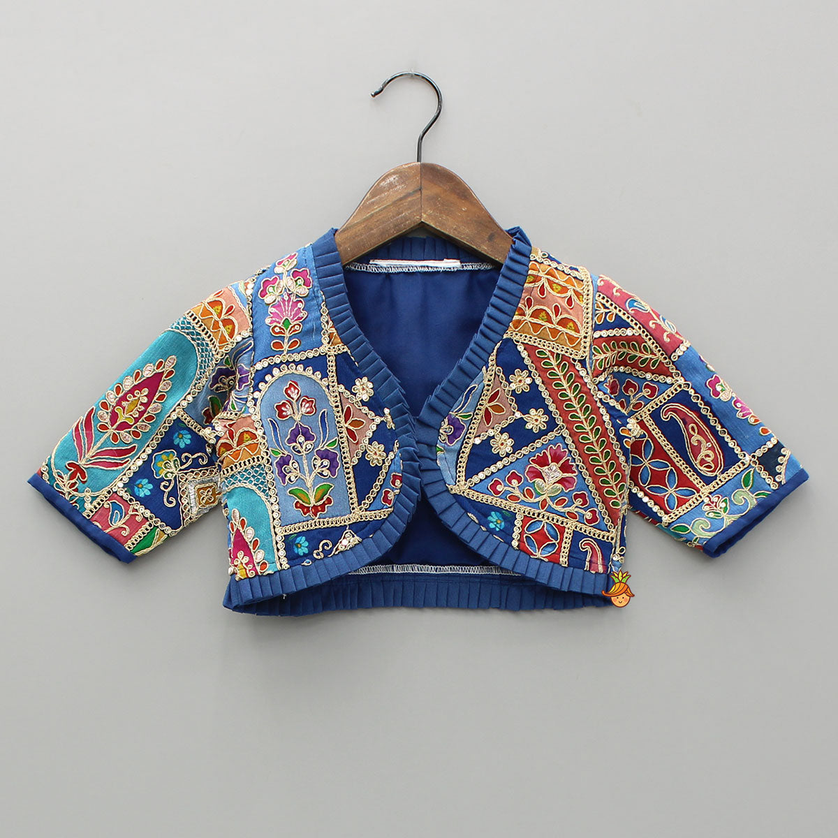 Blue Flared Kurti With Multicoloured Embroidered Jacket