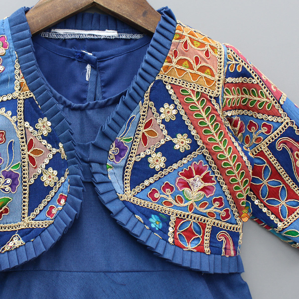 Blue Flared Kurti With Multicoloured Embroidered Jacket