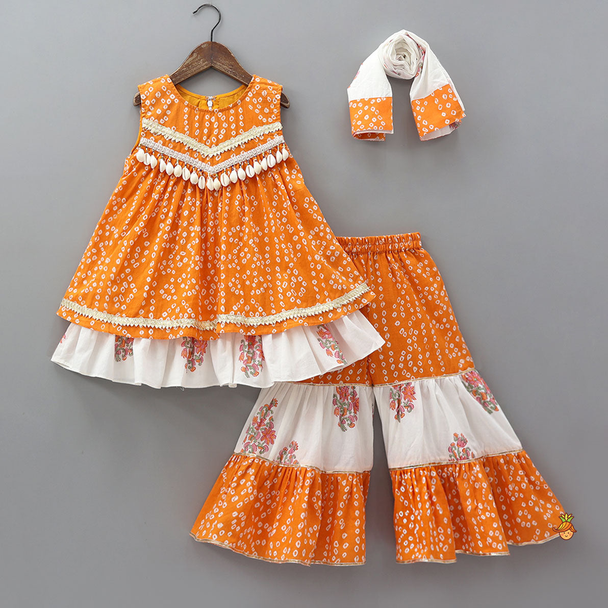 Bandhani Floral Printed Layered Kurti With Tiered Style Sharara And Dupatta