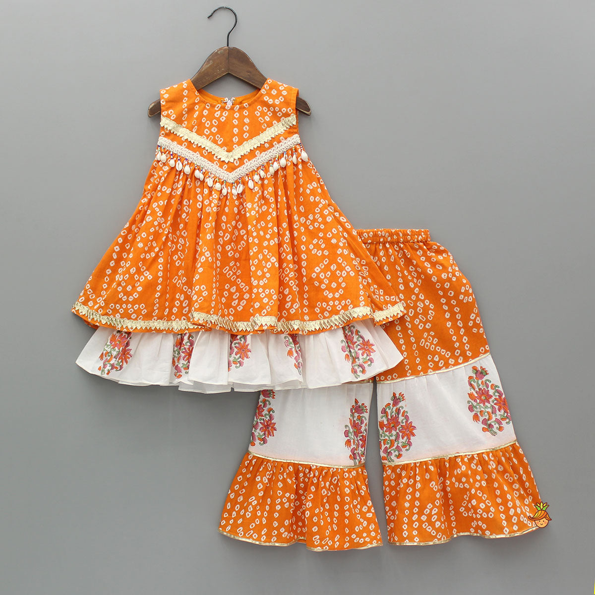 Bandhani Floral Printed Layered Kurti With Tiered Style Sharara And Dupatta