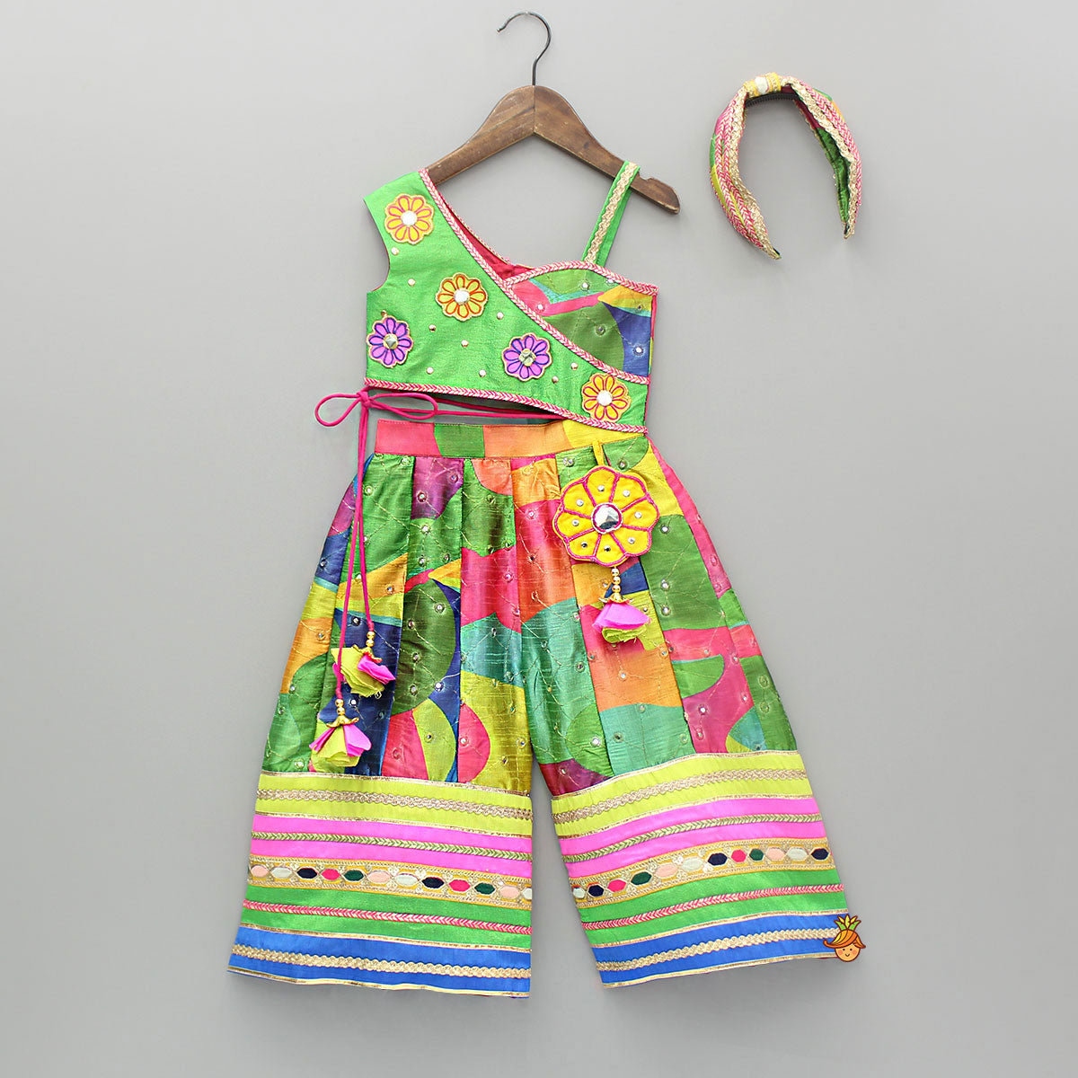 One Shoulder Printed Embroidered Multicoloured Jumpsuit With Hairband