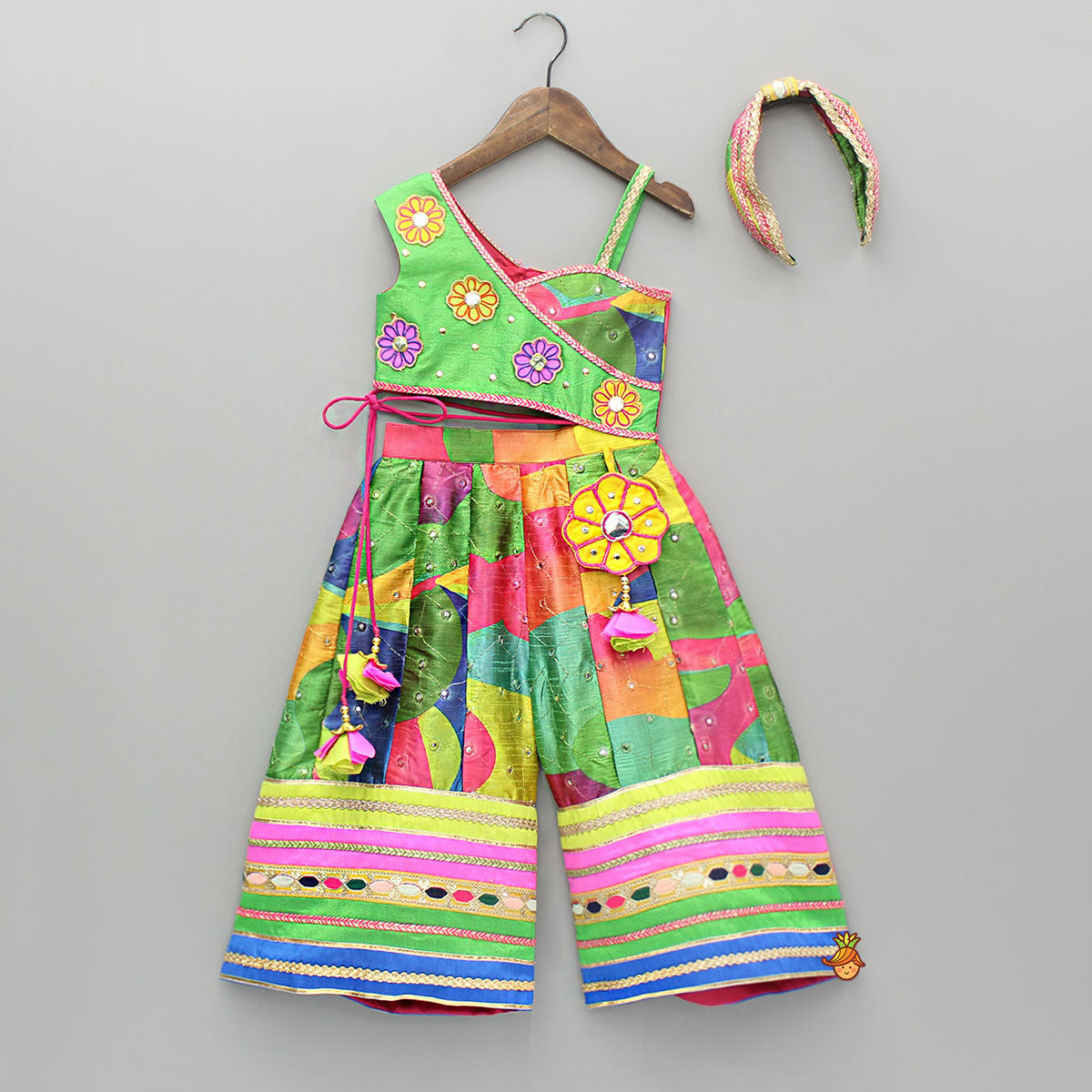 One Shoulder Printed Embroidered Multicoloured Jumpsuit With Hairband