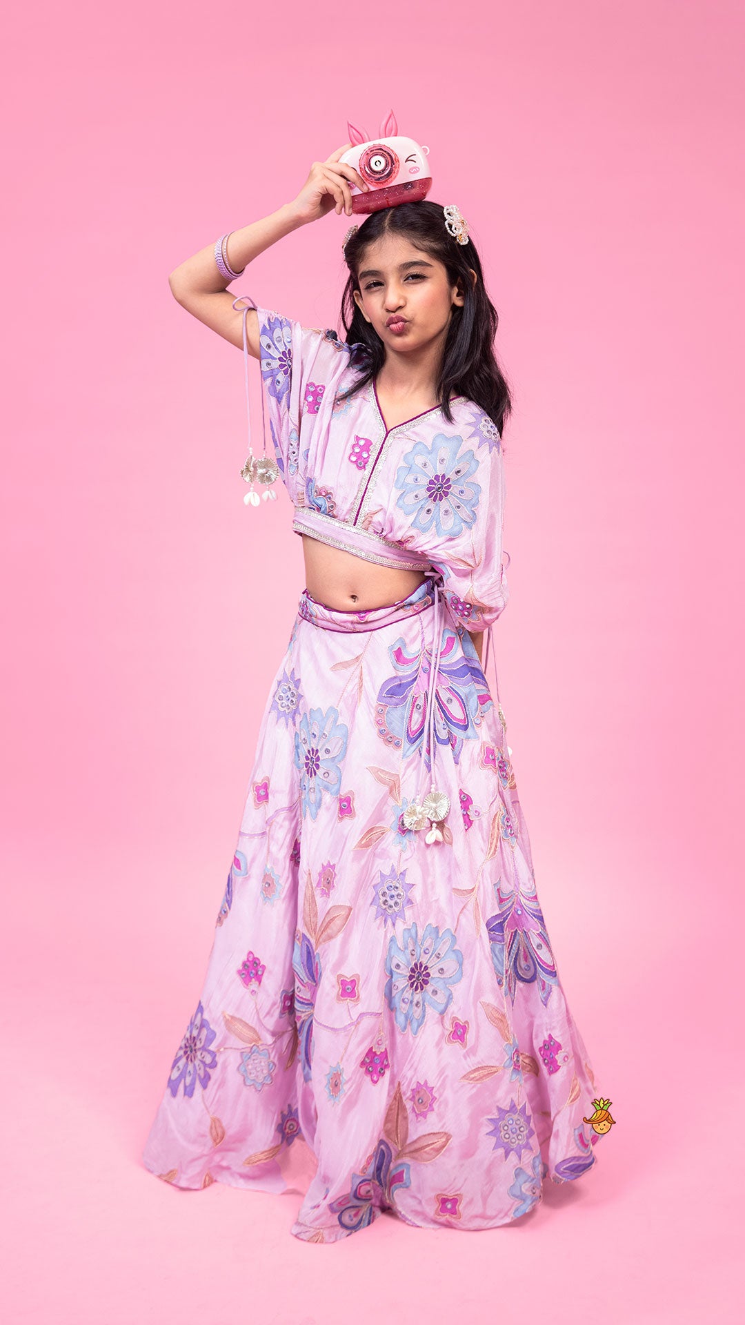 Lavender Floral Printed Embroidered Top With Flared Lehenga And Dupatta