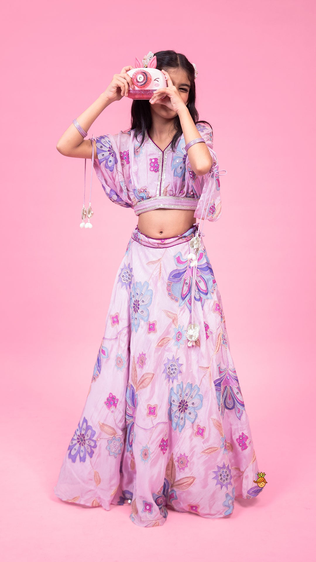 Lavender Floral Printed Embroidered Top With Flared Lehenga And Dupatta