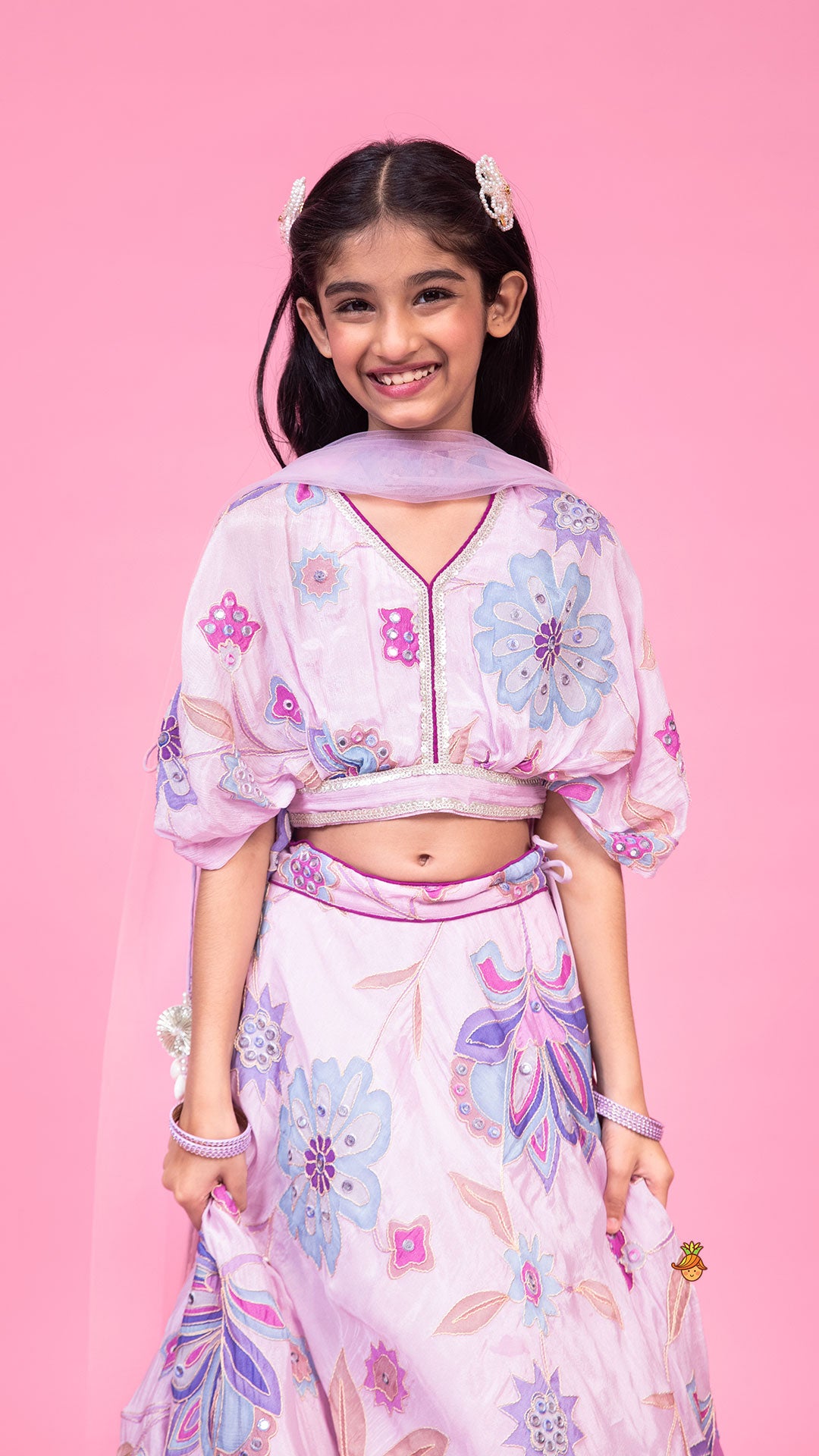 Lavender Floral Printed Embroidered Top With Flared Lehenga And Dupatta