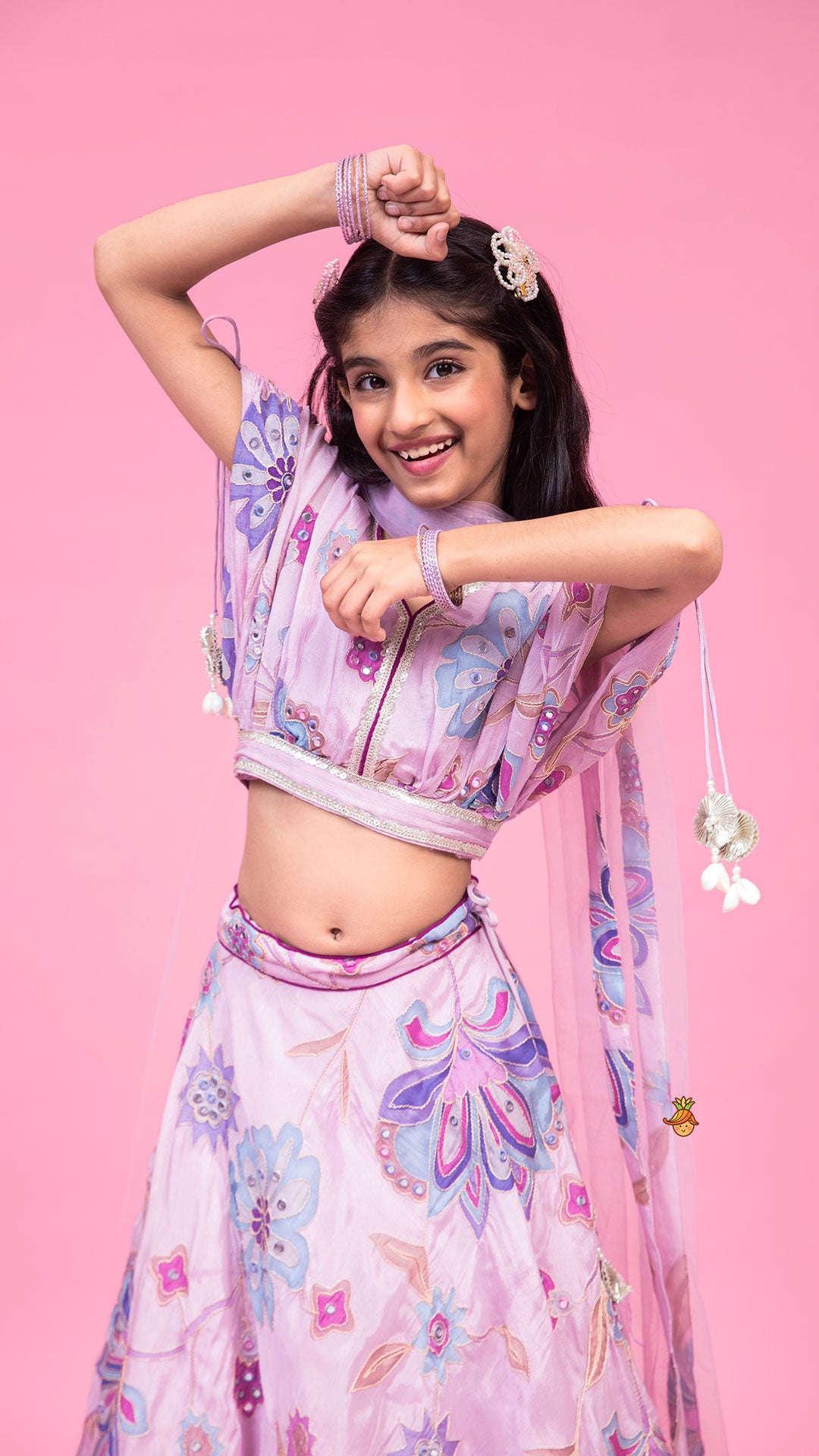 Lavender Floral Printed Embroidered Top With Flared Lehenga And Dupatta
