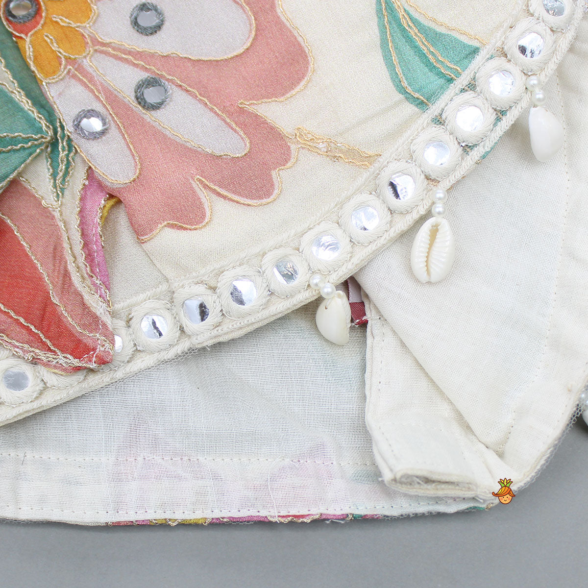 Multicolour Floral Printed And Embroidered Ivory Top With Matching Lehenga And Dupatta