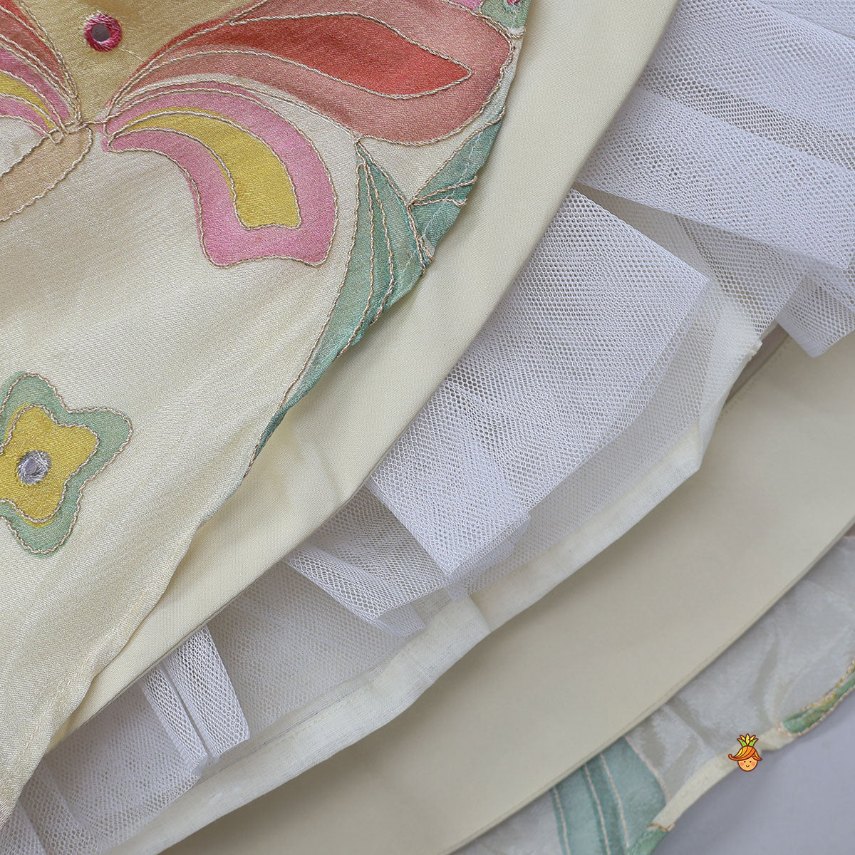 Multicolour Floral Printed And Embroidered Ivory Top With Matching Lehenga And Dupatta