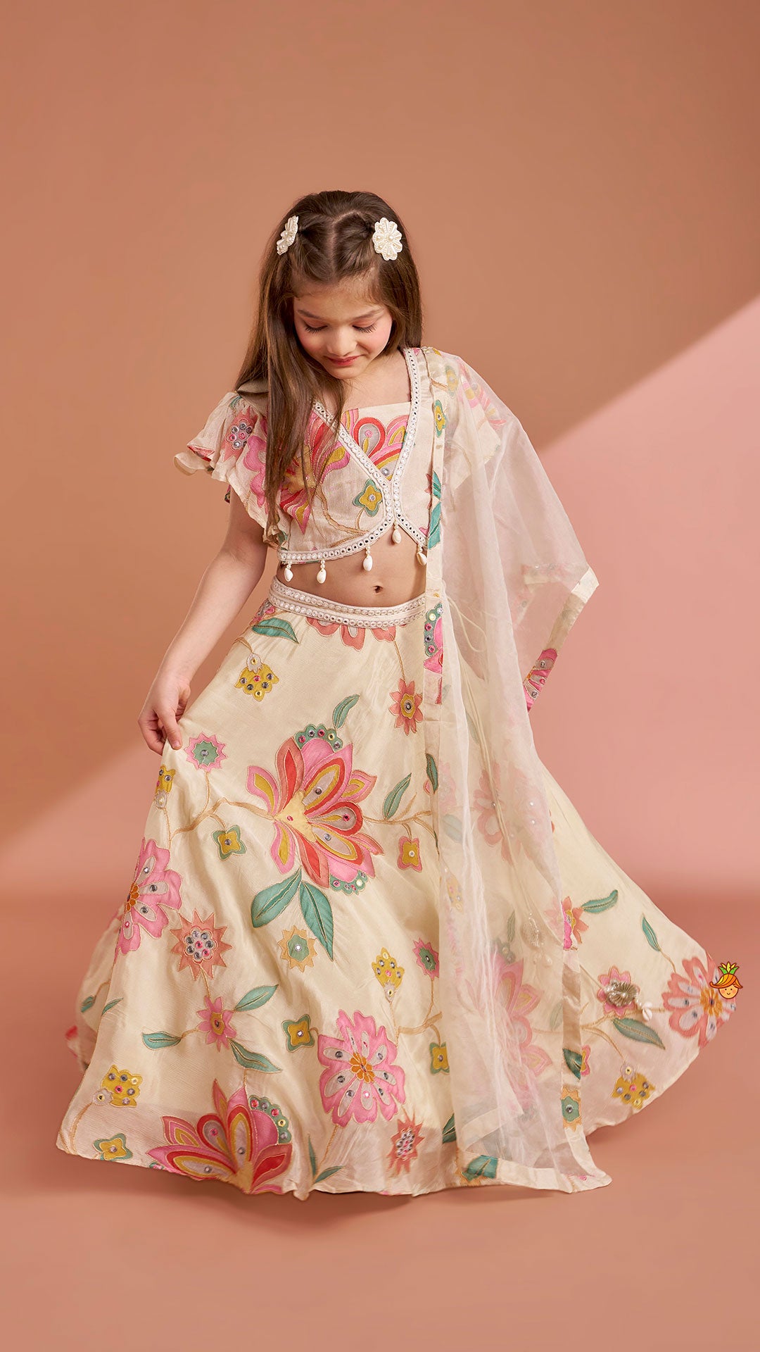 Multicolour Floral Printed And Embroidered Ivory Top With Matching Lehenga And Dupatta