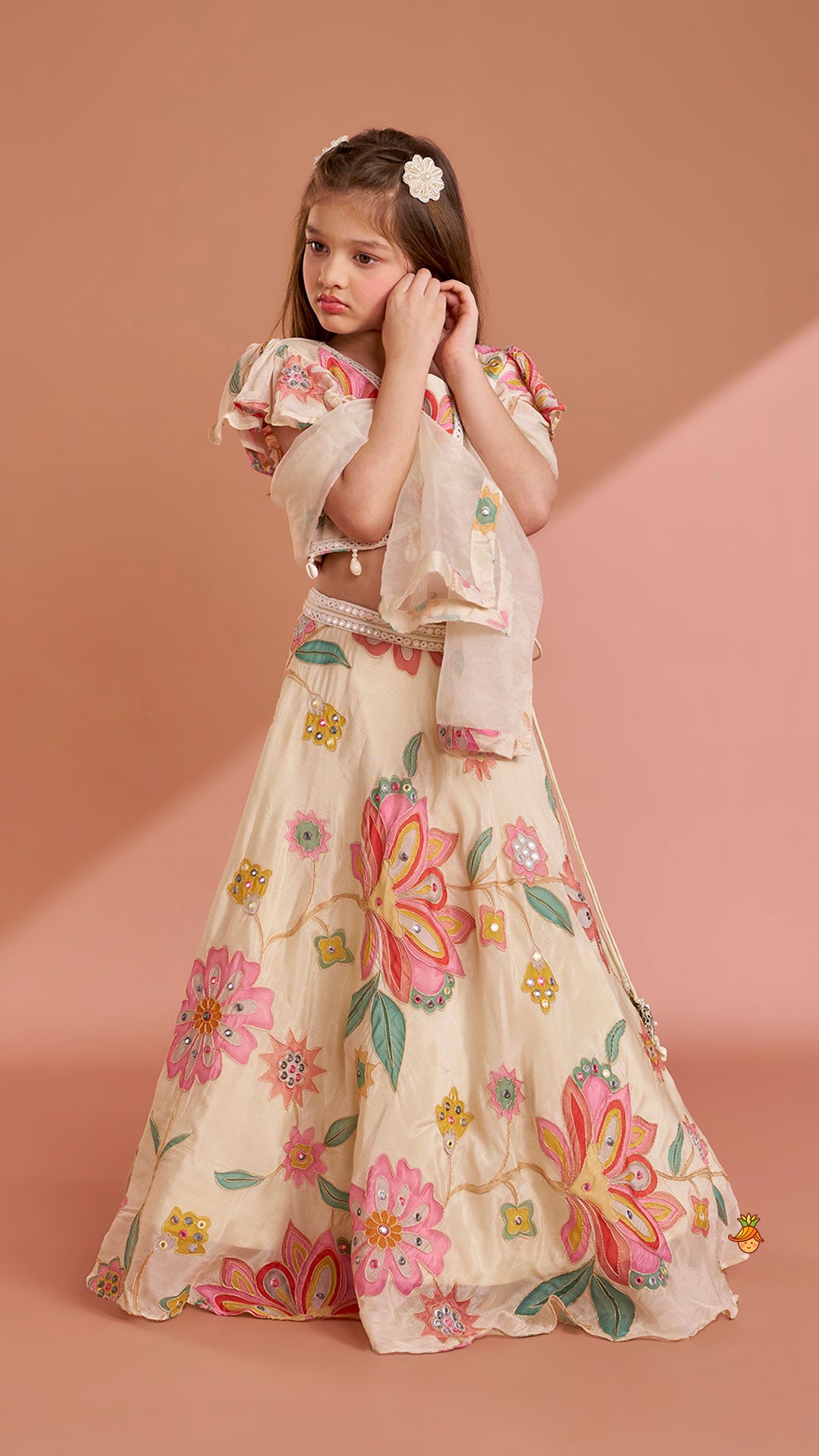 Multicolour Floral Printed And Embroidered Ivory Top With Matching Lehenga And Dupatta