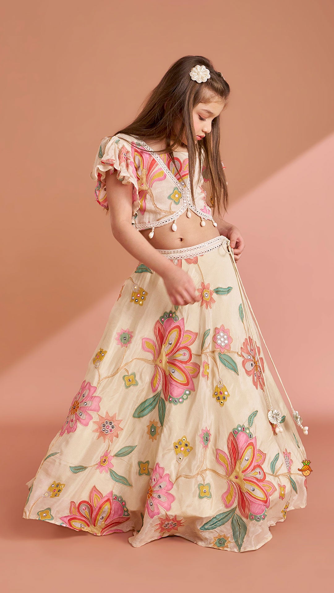 Multicolour Floral Printed And Embroidered Ivory Top With Matching Lehenga And Dupatta