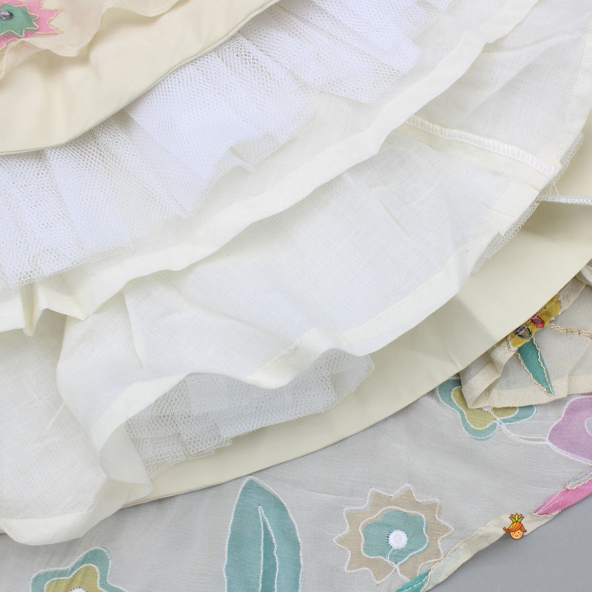 Multicolour Floral Printed And Embroidered Ivory Top With Matching Lehenga And Dupatta