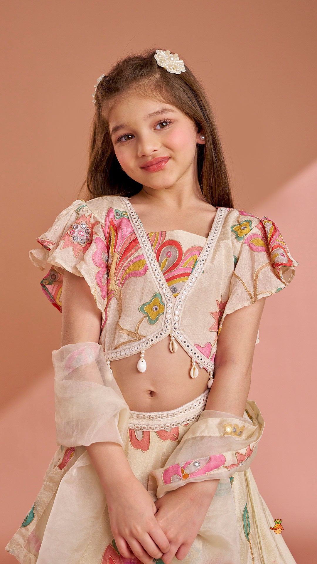 Multicolour Floral Printed And Embroidered Ivory Top With Matching Lehenga And Dupatta