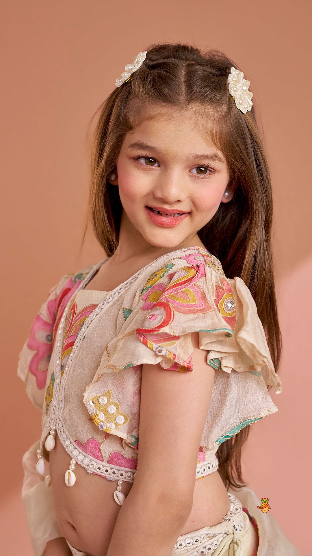 Multicolour Floral Printed And Embroidered Ivory Top With Matching Lehenga And Dupatta