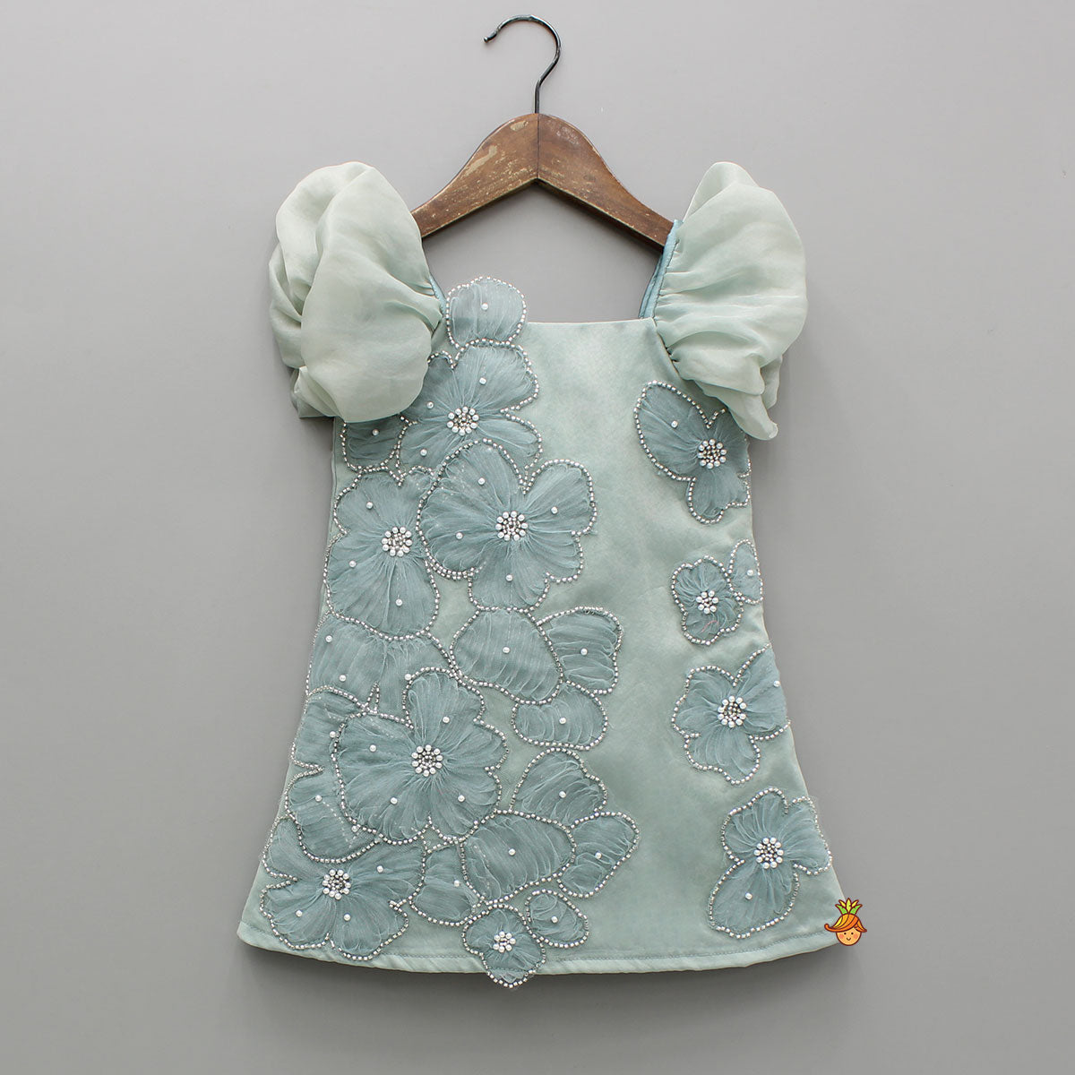 Artificial Flowers Embellished Teal Shimmer Dress