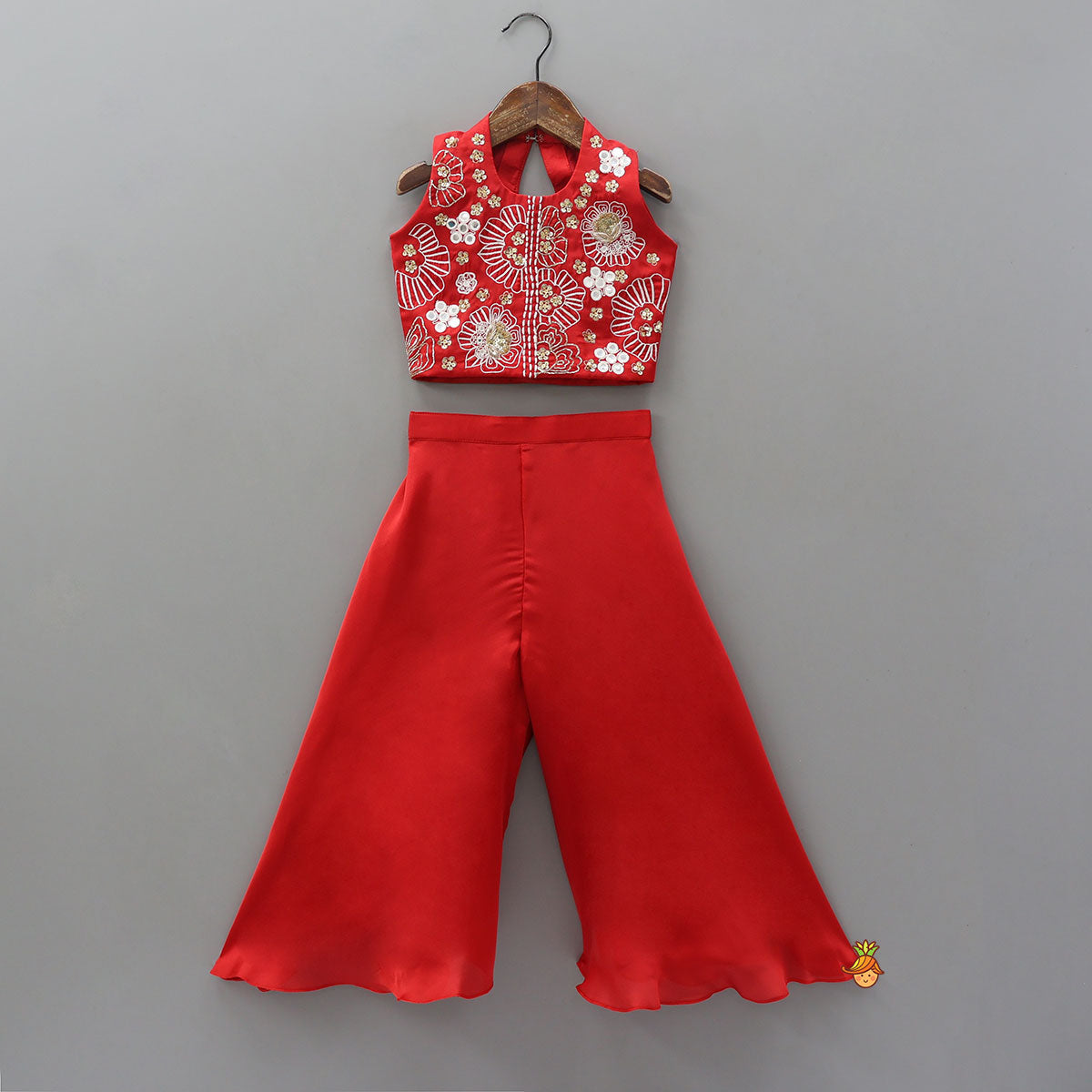 Red Embroidred Halter Neck Top With Flared Palazzo
