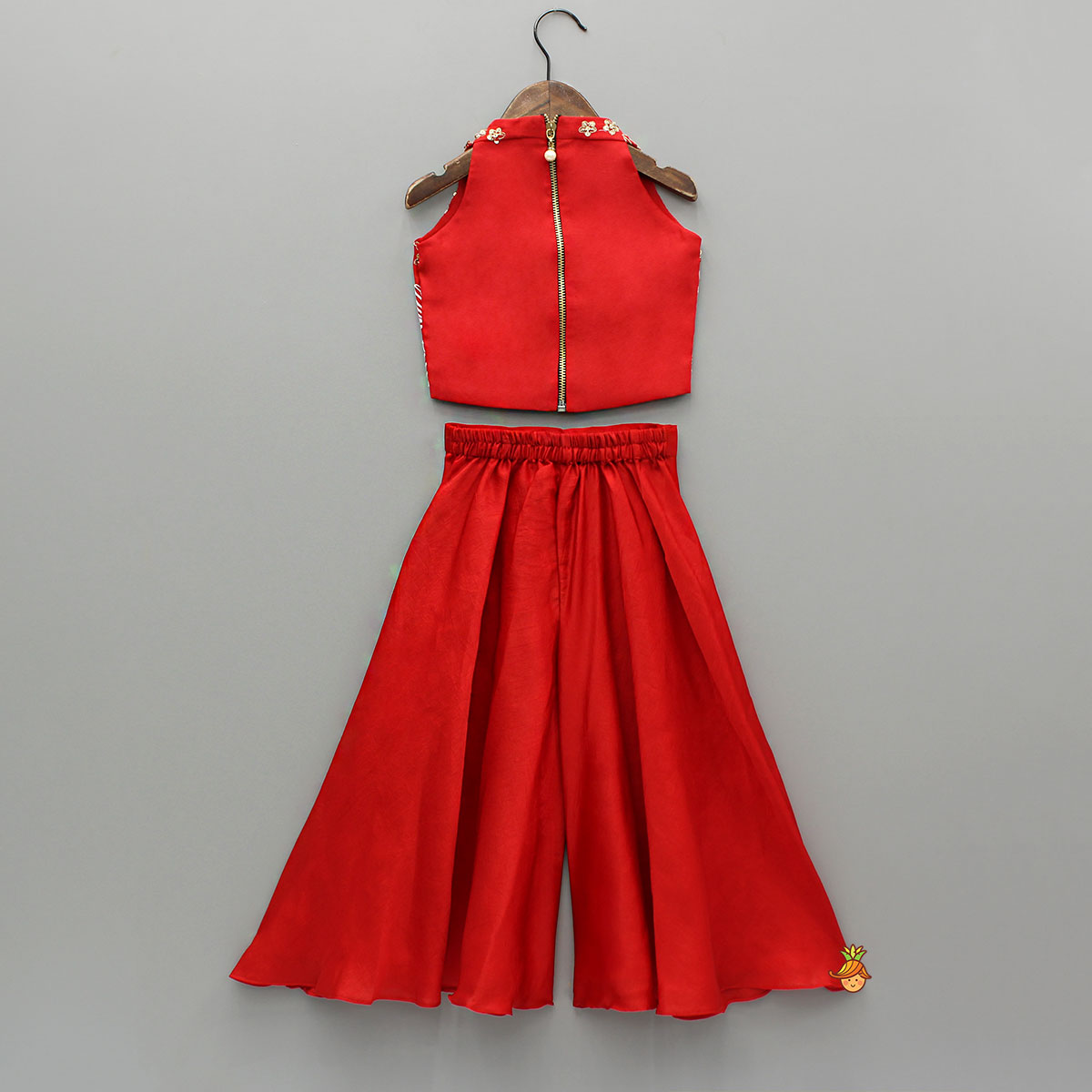 Red Embroidred Halter Neck Top With Flared Palazzo