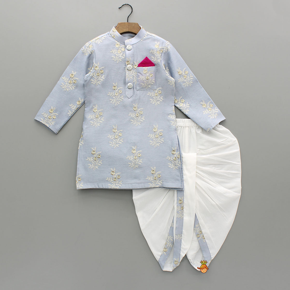 Zari Thread Embroidered Grey Kurta With Dhoti