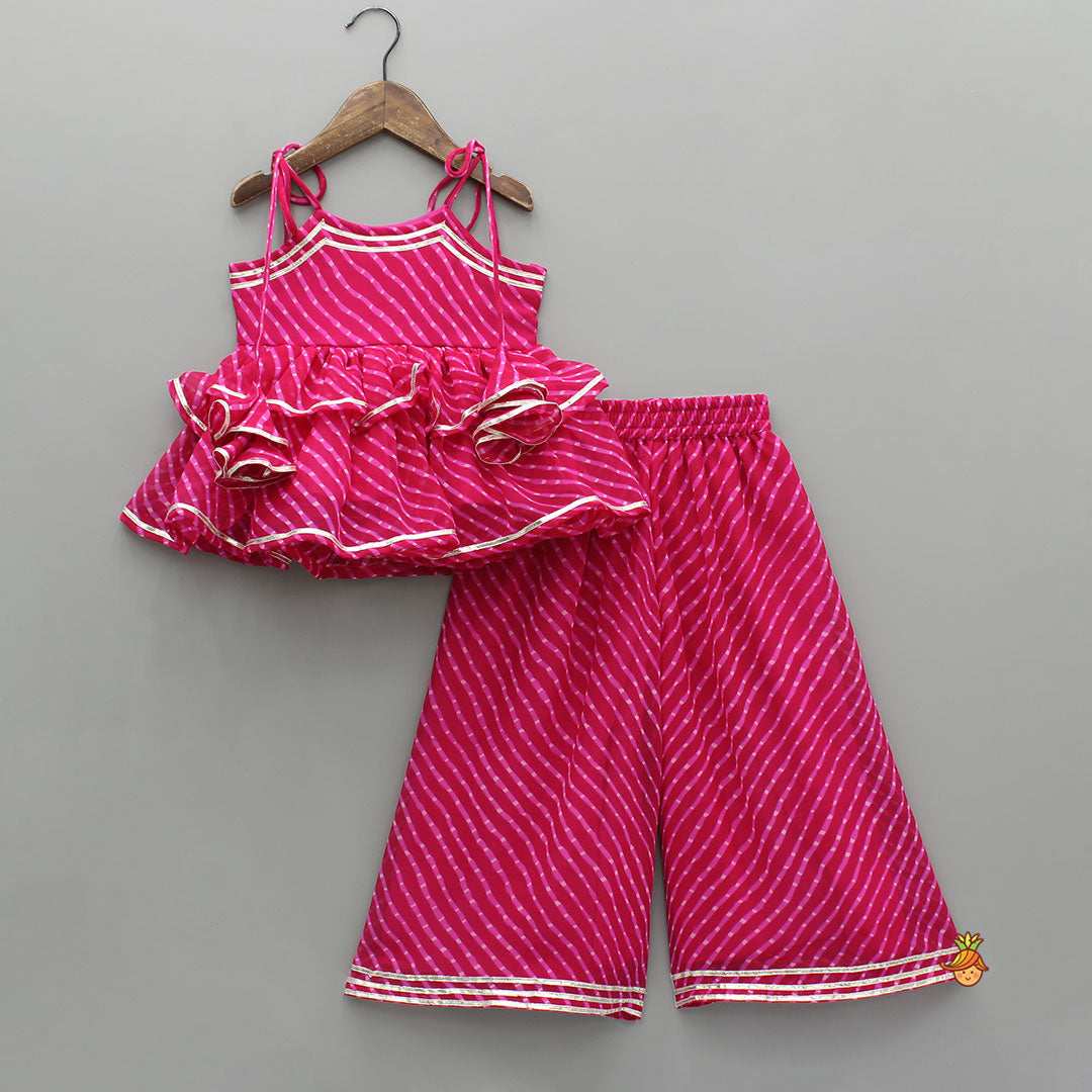 Leheriya Printed Pink Tie Up Straps Kurti And Flared Palazzo