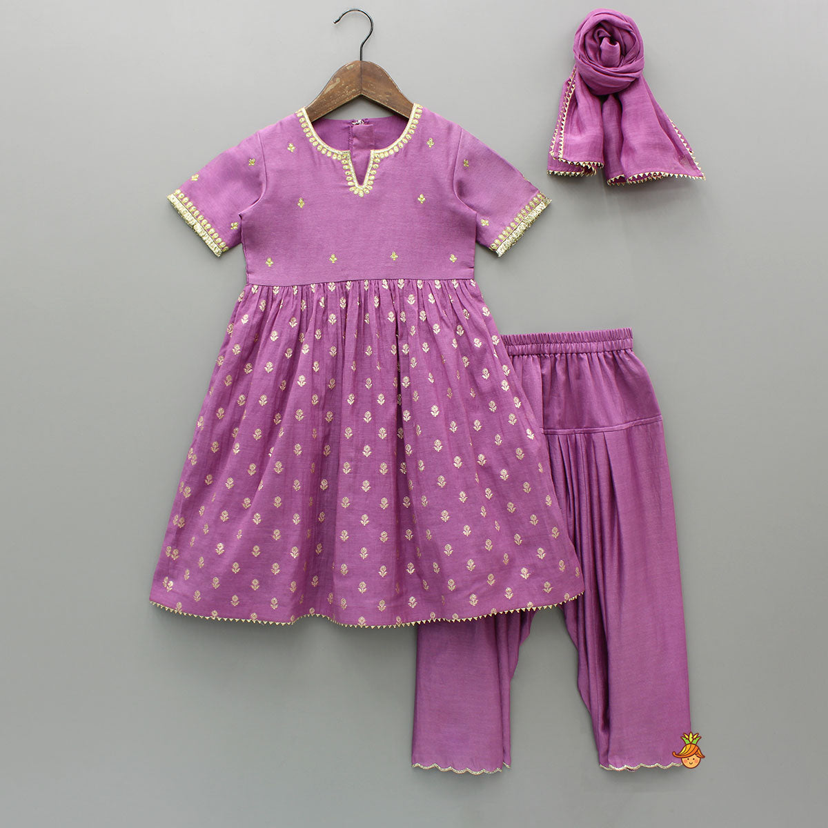 Chanderi Embroidered Purple Kurti And Salwar With Gota Lace Work Dupatta
