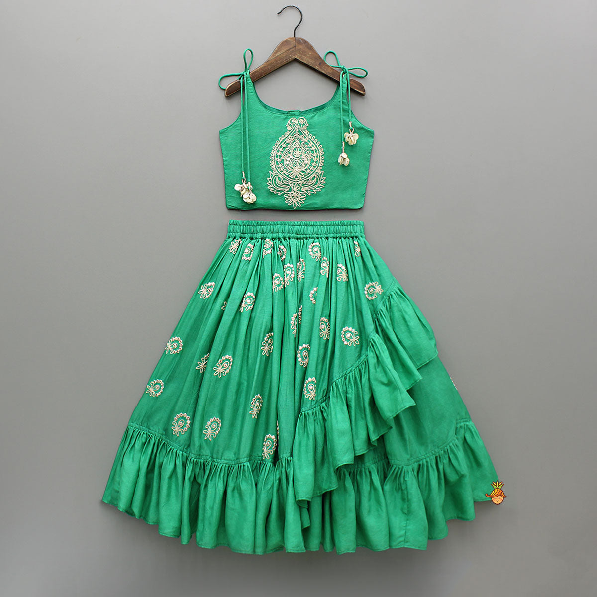 Green Dori Embroidered Strappy Top And Stylish Layered Lehenga