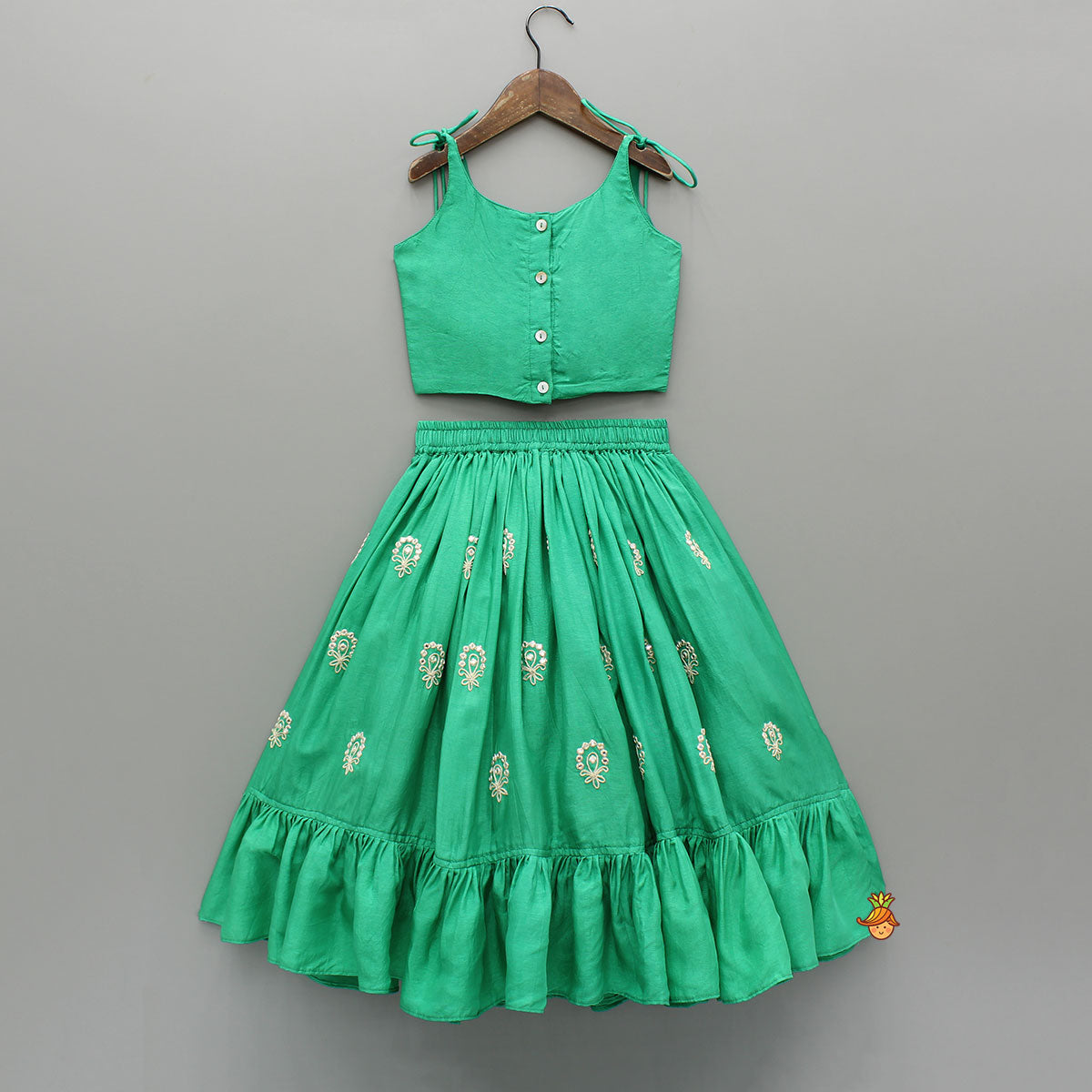 Green Dori Embroidered Strappy Top And Stylish Layered Lehenga
