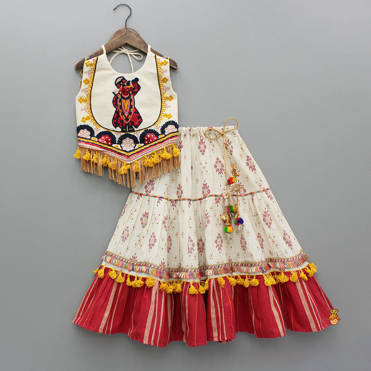 Multicolour Thread Embroidered Halter Neck Top And Lehenga