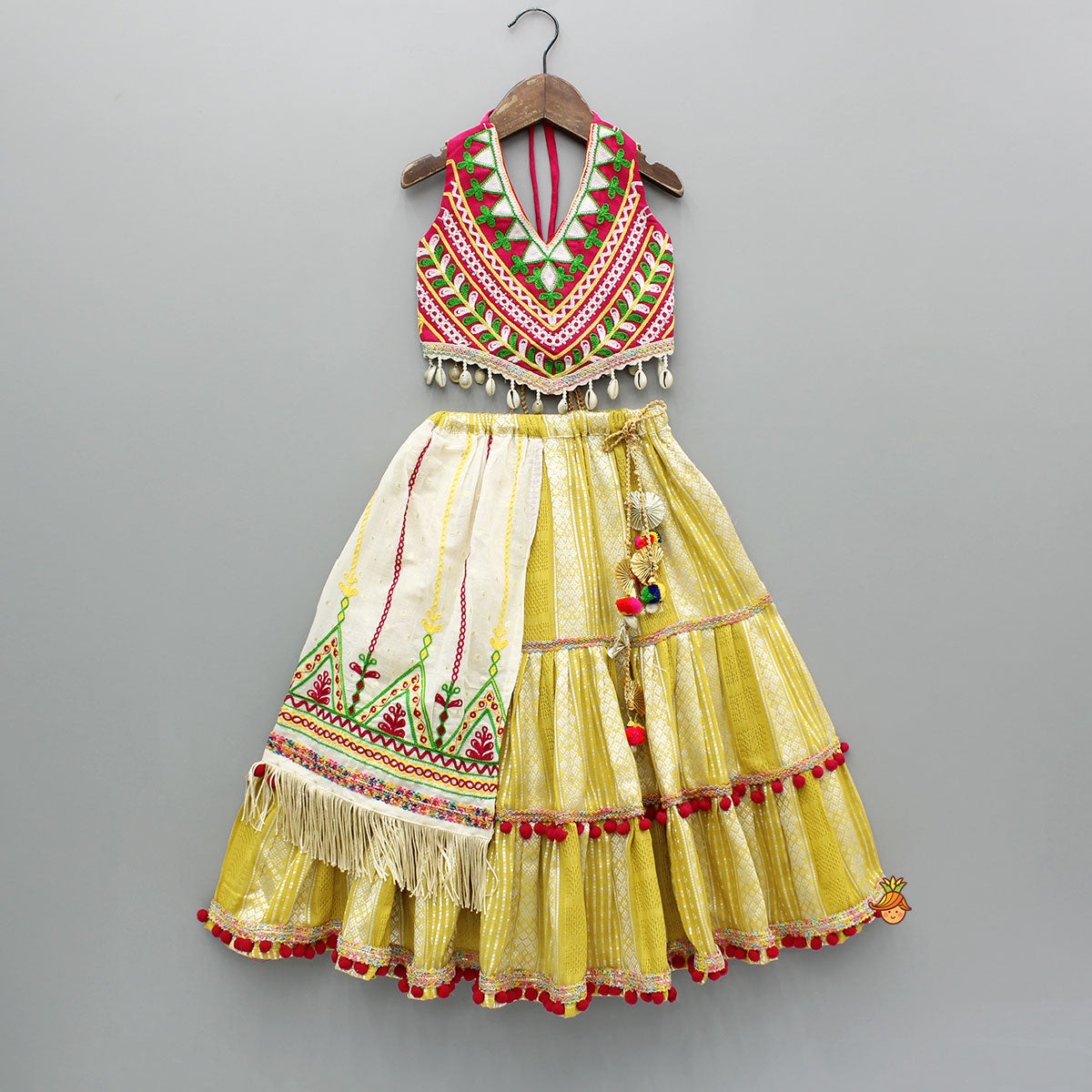 Multicoloured Thread Embroidered Halter Neck Top With Flap Lehenga