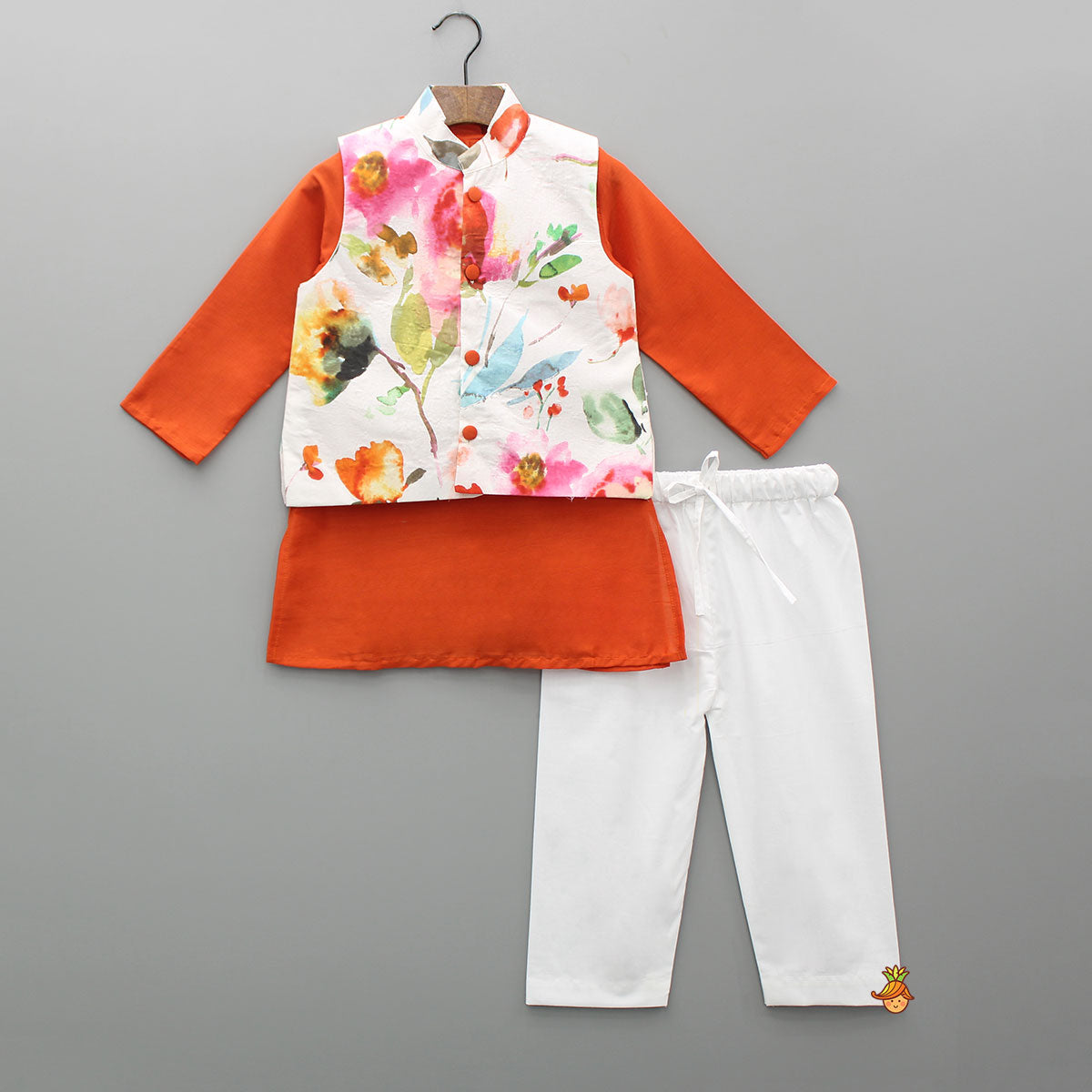 Orange Kurta And Floral Printed Jacket With Pyjama
