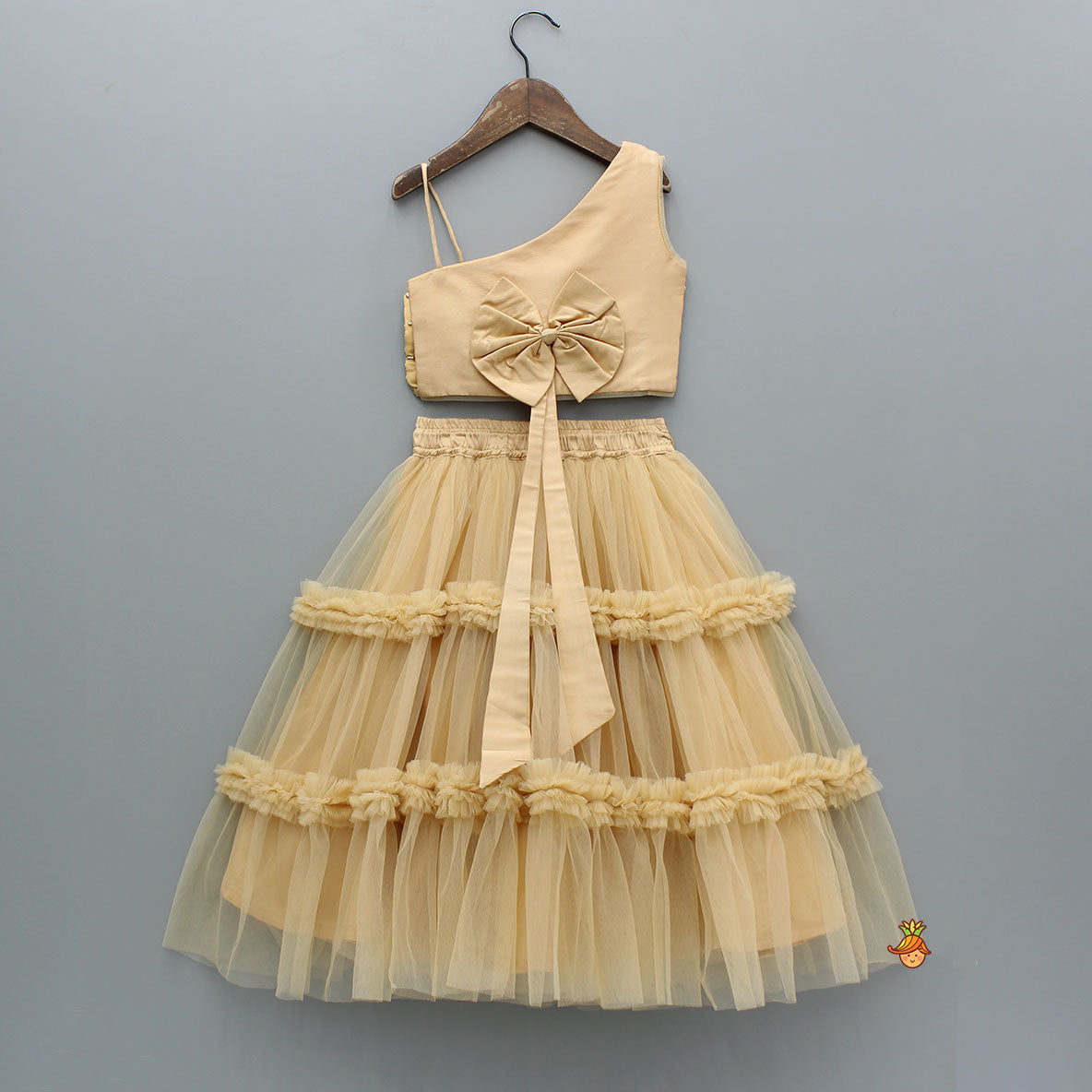 Beige Lace Work One Shoulder Top And Ruffle Lehenga