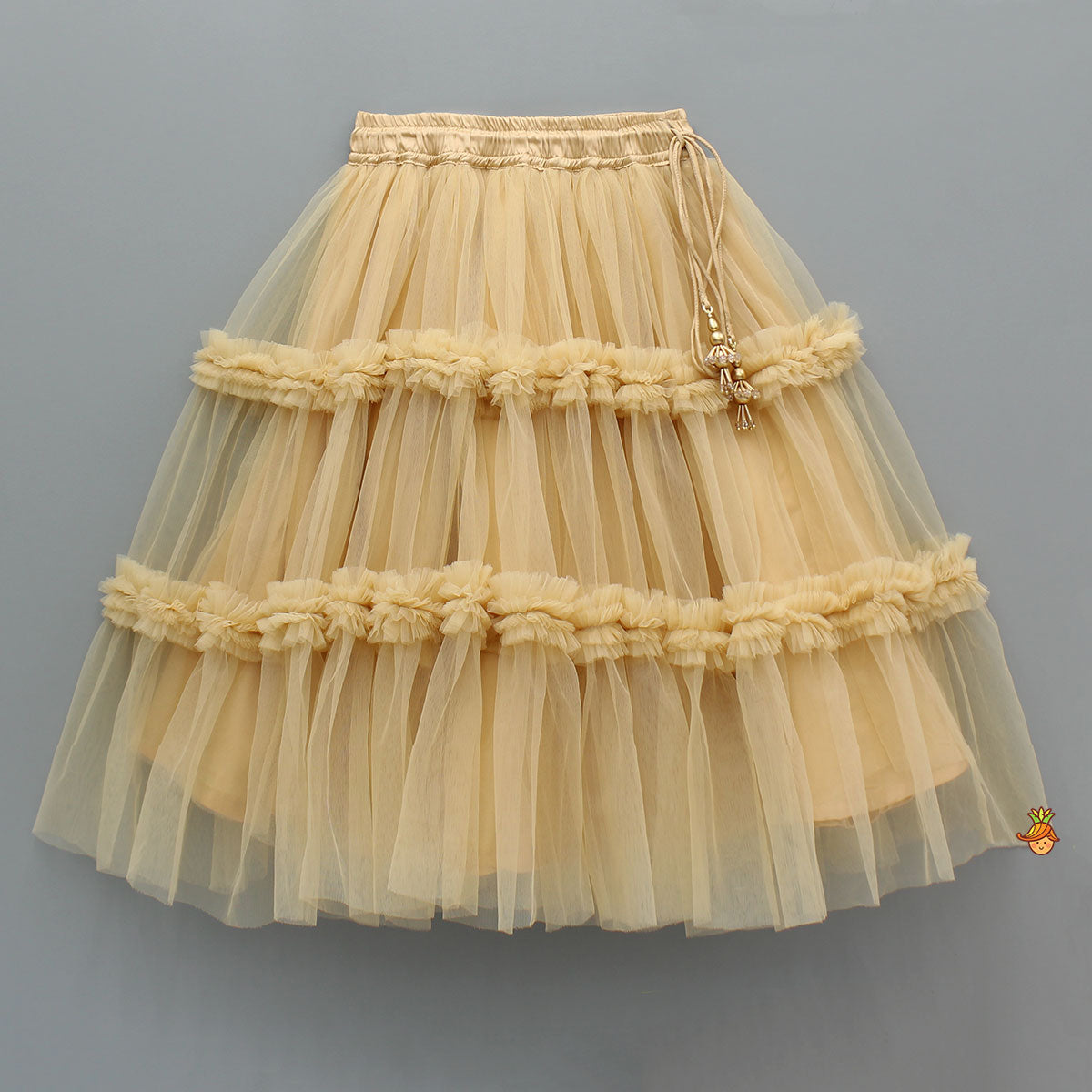 Beige Lace Work One Shoulder Top And Ruffle Lehenga