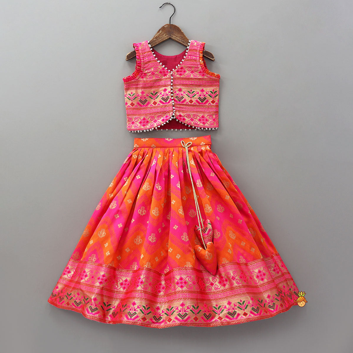 Dual Tone Brocade Embroidered Top And Lehenga