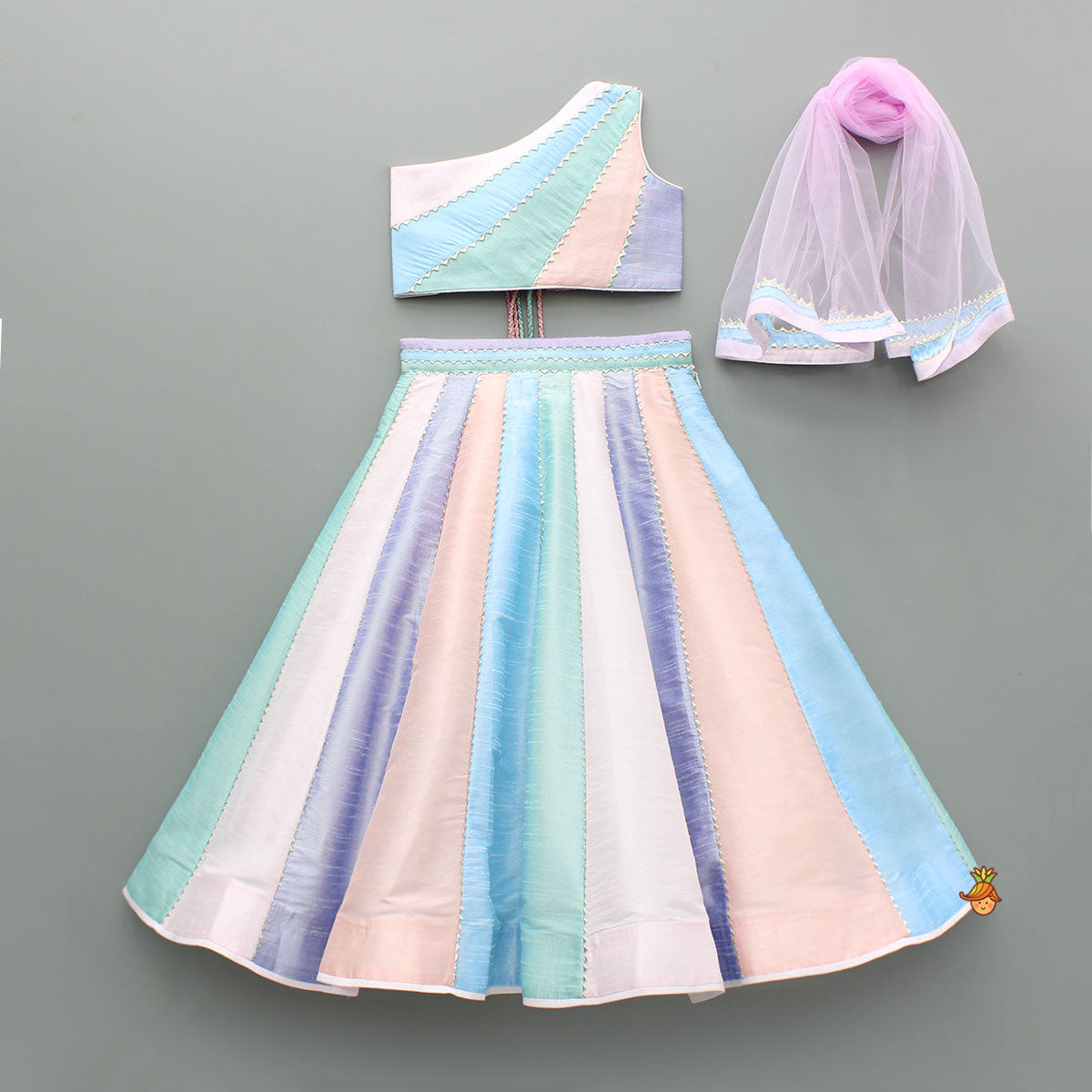 Colour Blocked Multicoloured Top With Lehenga And Dupatta