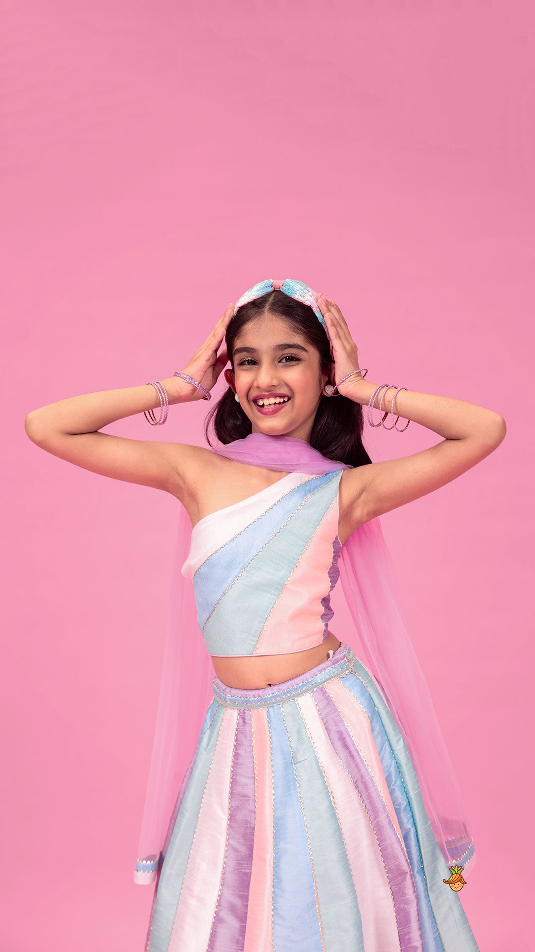 Colour Blocked Multicoloured Top With Lehenga And Dupatta
