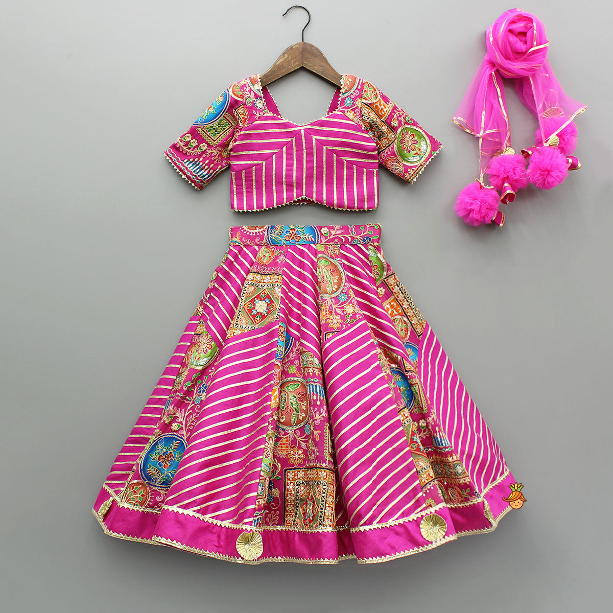 Pink Printed And Embroidered Top With Lehenga And Dupatta